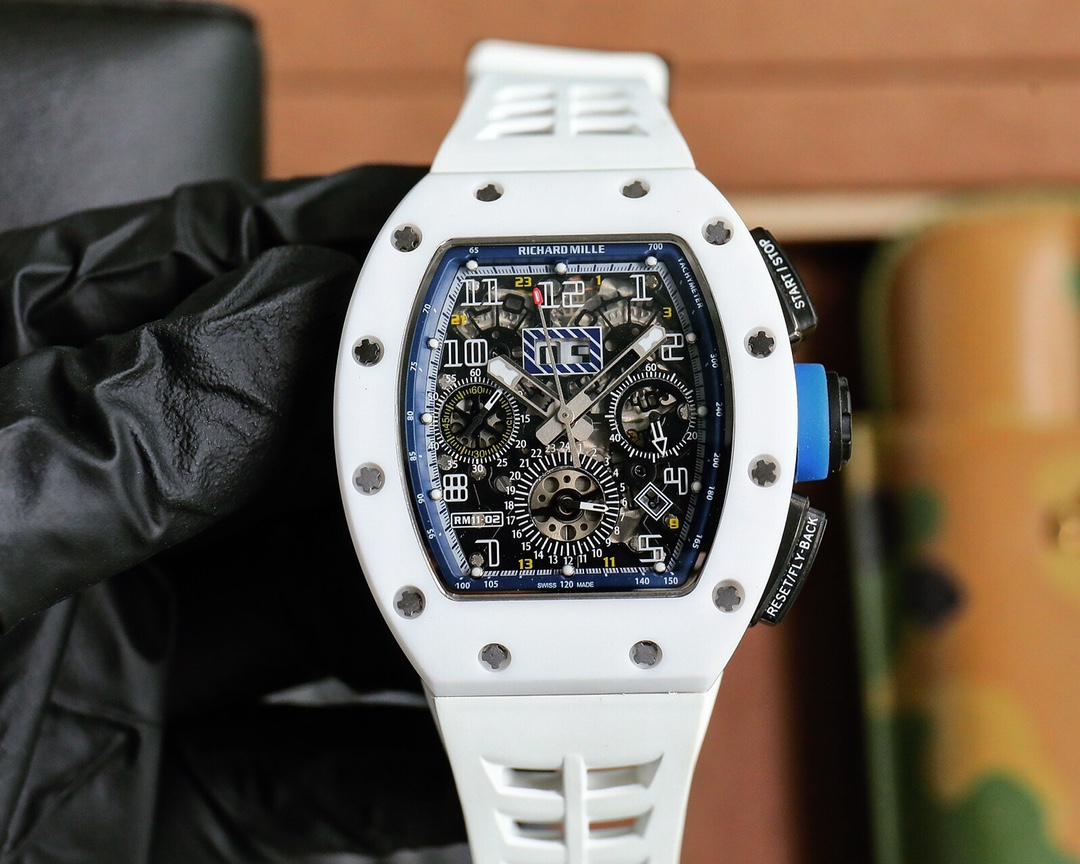 Richard Mille RM 11-02 White Ceramic Chronograph Watch (White Rubber Strap)