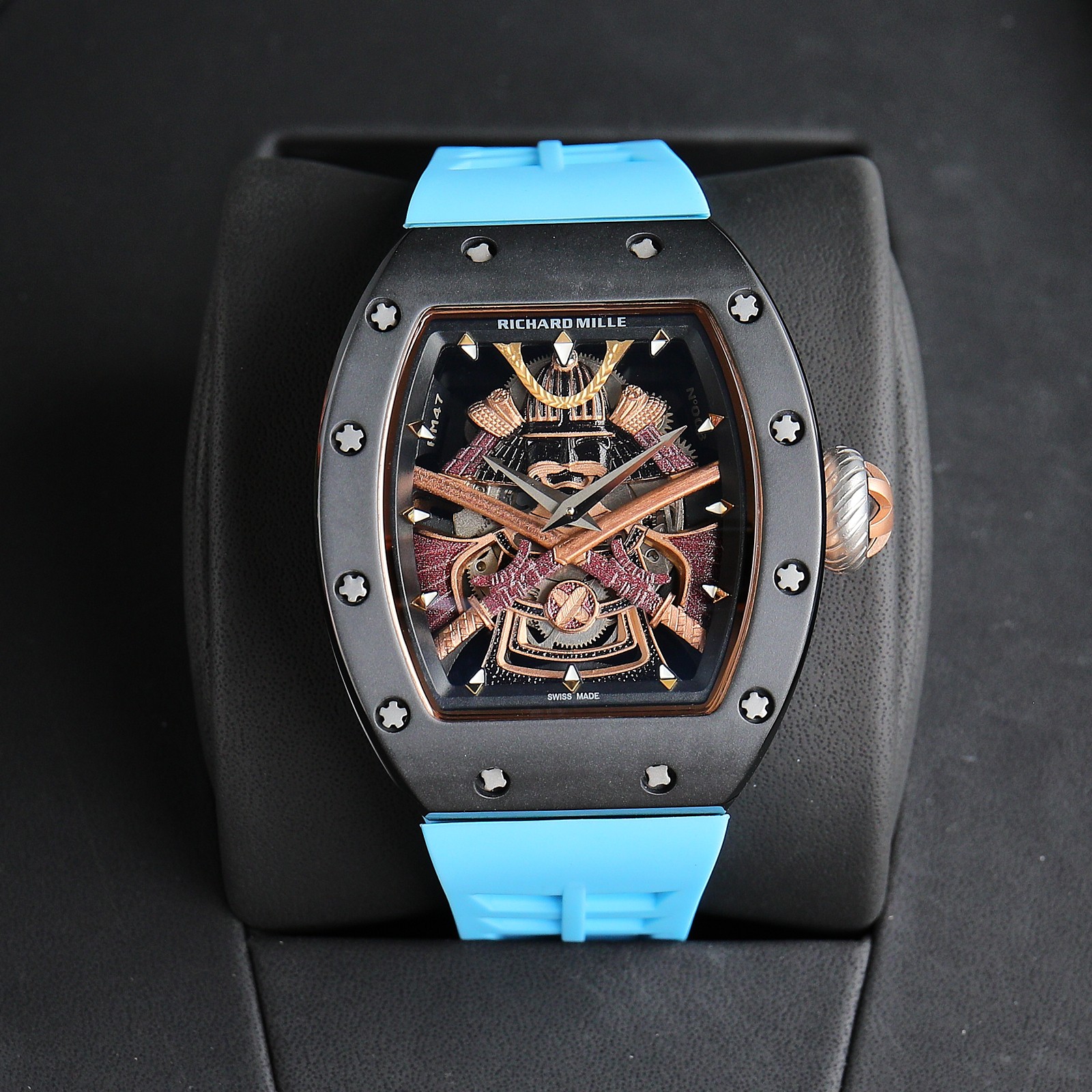 Richard Mille Samurai - Motif Tourbillon Watch (Black Ceramic Case, Light Blue Rubber Strap)