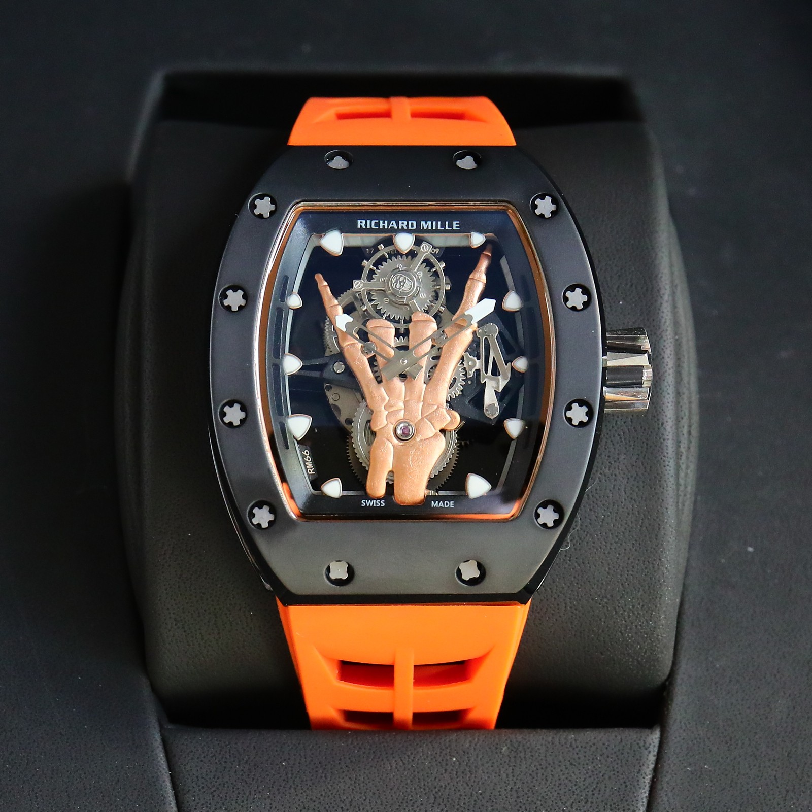 Richard Mille Carbon TPT Tourbillon Watch (Rose Gold Skull Hand, Orange Rubber Strap)