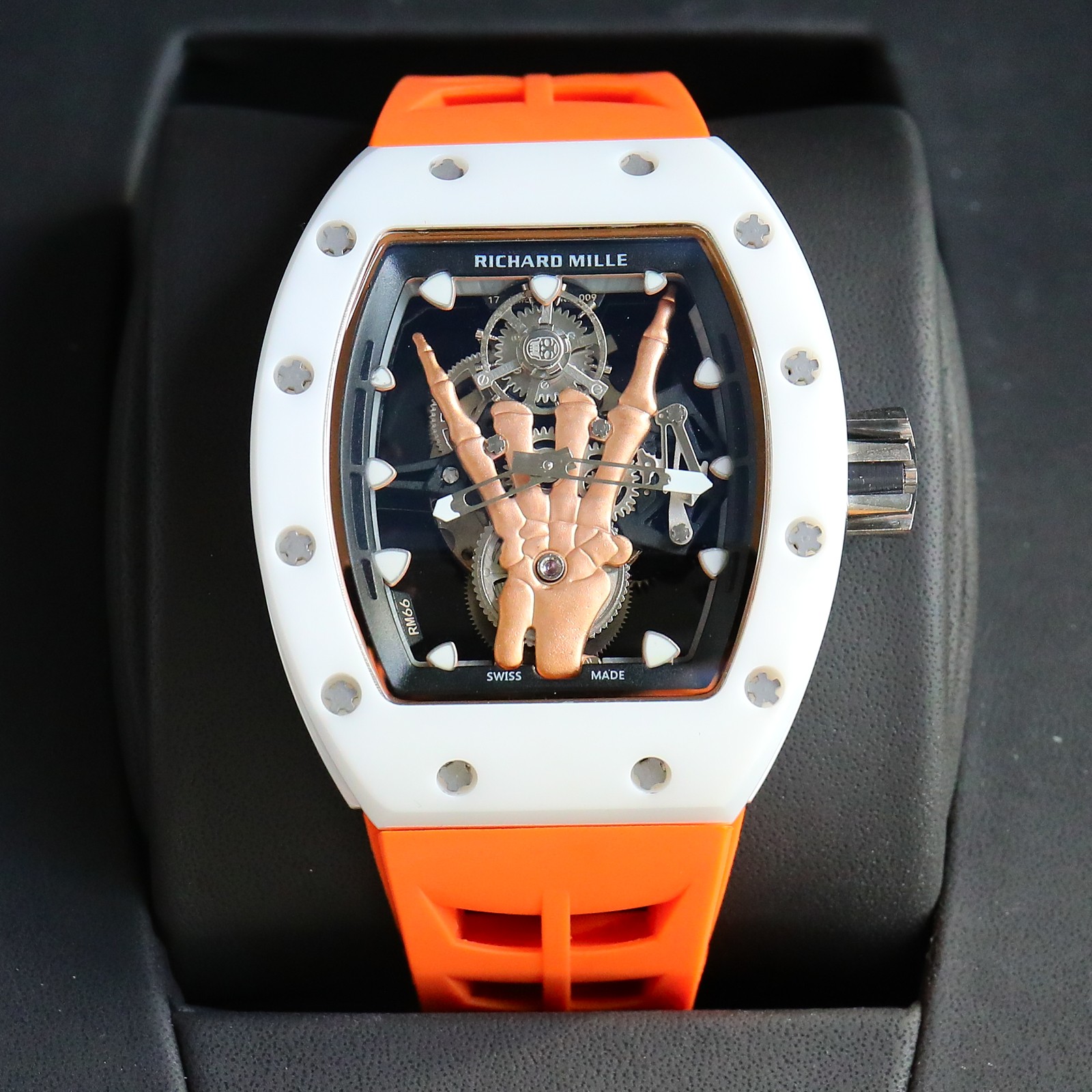 Richard Mille Skull - Hand Tourbillon Watch with Orange Rubber Strap (Model: RM Custom Skull)