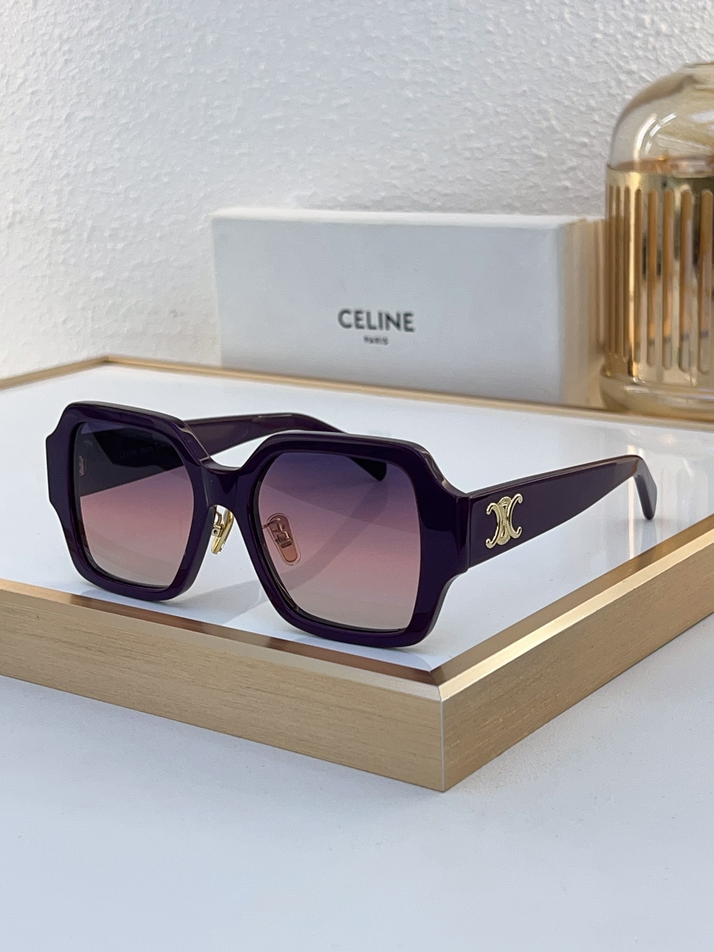 Celine Square - Octagonal Purple Acetate Sunglasses with Gold Triomphe Accent (Model: CL4135）