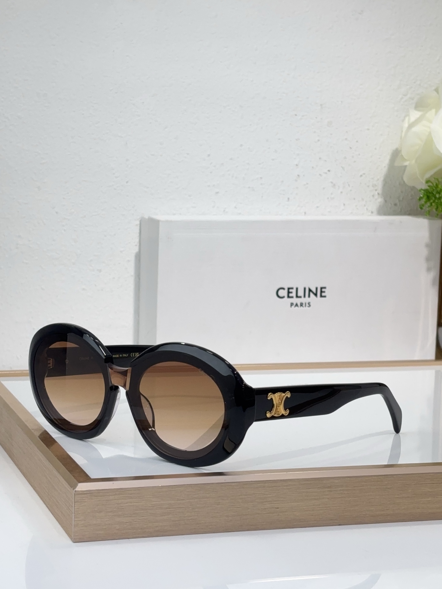 Celine Round Tortoiseshell Acetate Sunglasses with Triomphe Accent (Model: CL4125)