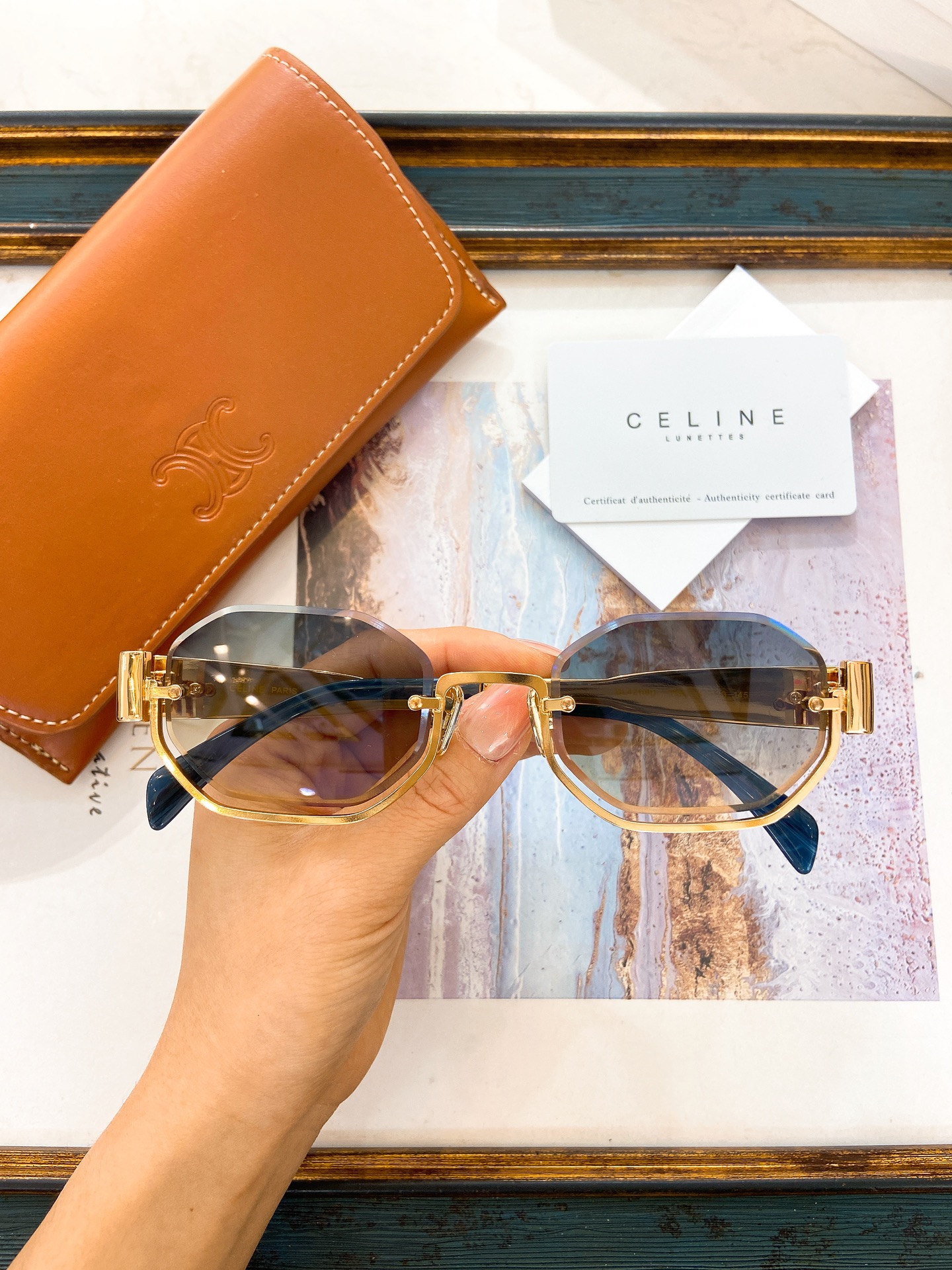 Celine Octagonal Gold - Tone Metal Sunglasses with Triomphe Accents (Model: CL4116)
