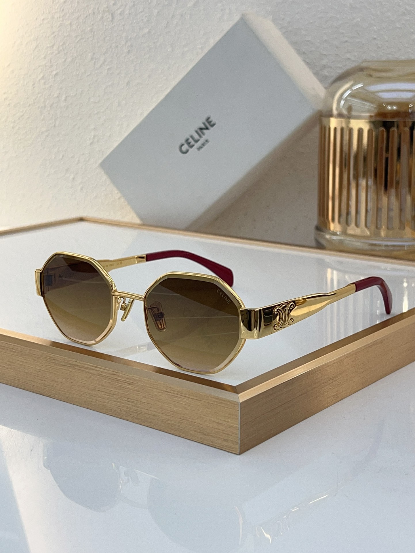 Celine Octagonal Gold - Tone Metal Sunglasses with Red Accents & Triomphe Motif (Model: CL4111)