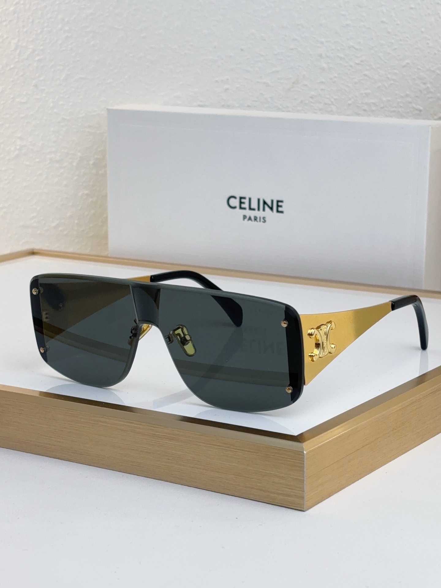 Celine Shield - Frame Gold - Tone Metal & Acetate Sunglasses with Triomphe Accents (Model: CL4102)