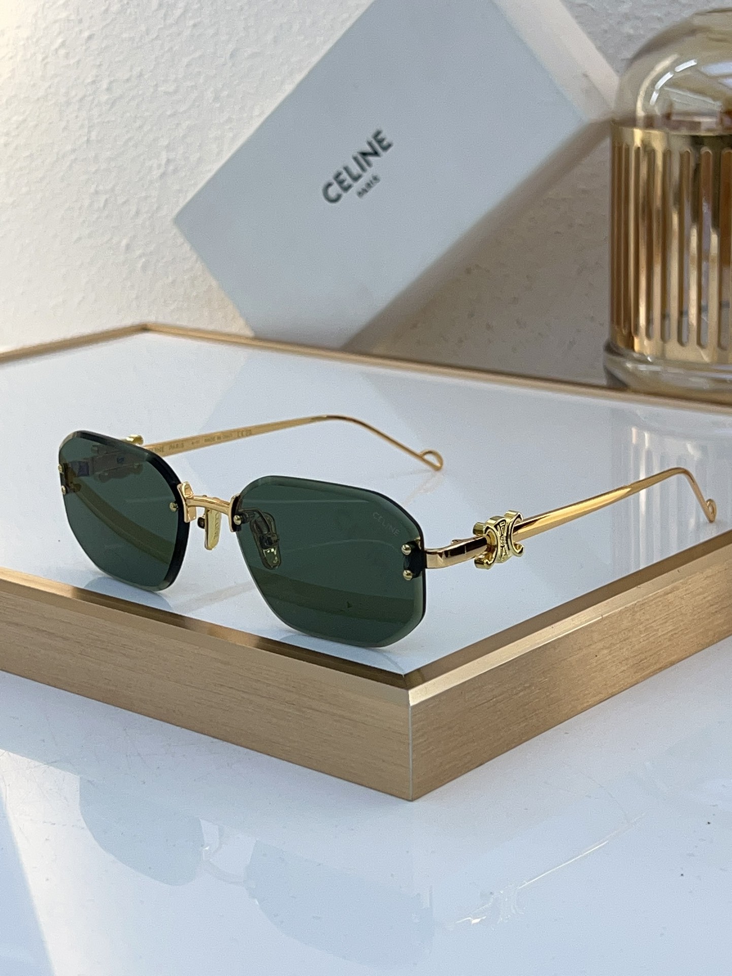 Celine Octagonal Rimless Gold - Tone Metal Sunglasses with Triomphe Accents (Model: CL4098)