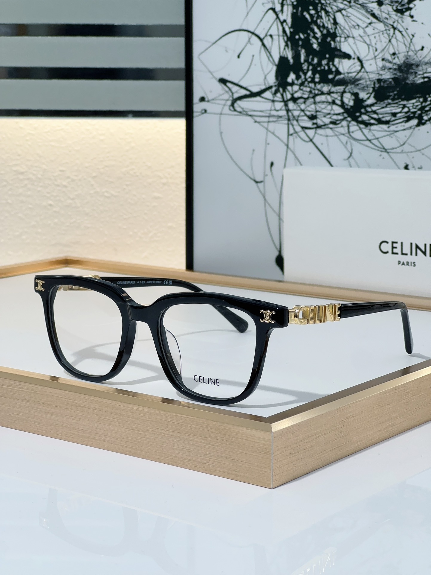 Celine Square Acetate Optical Eyeglasses with Gold Triomphe & Logo Accents (Model: CL5001)