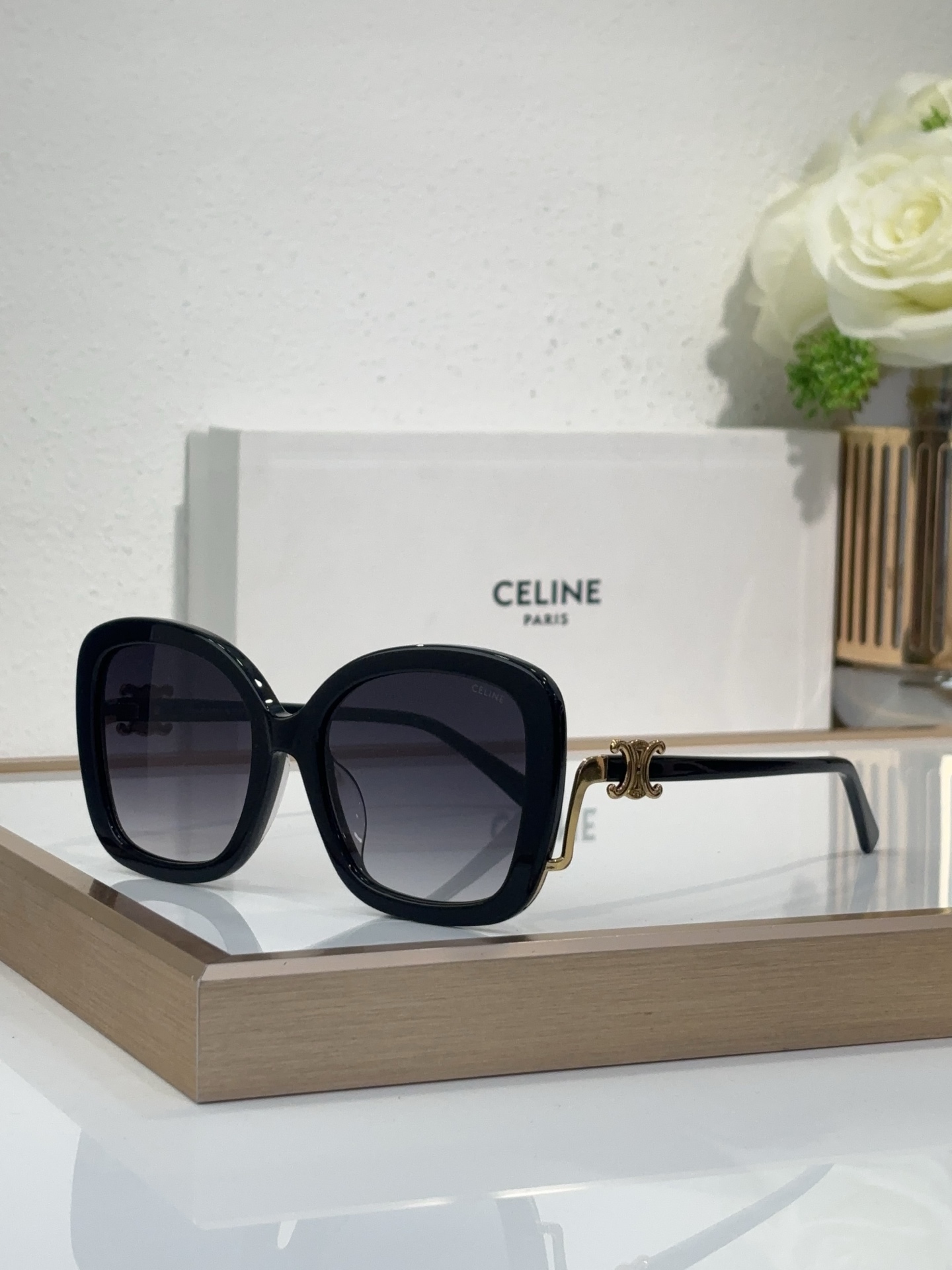 Celine Square Pink Acetate Sunglasses with Rose - Gold Triomphe Accents (Model: CL4088)
