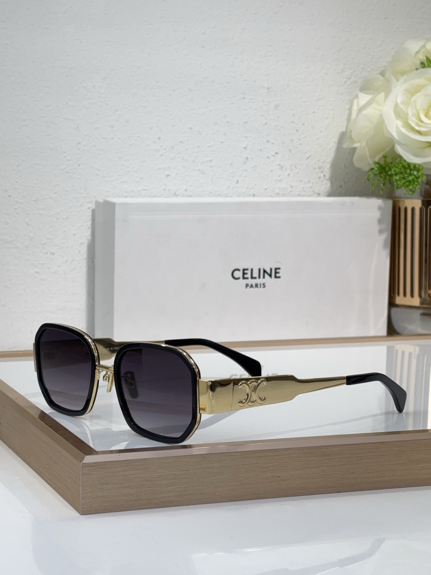 Celine Square Metal Sunglasses with Gold Triomphe Accents (Model: CL4086)