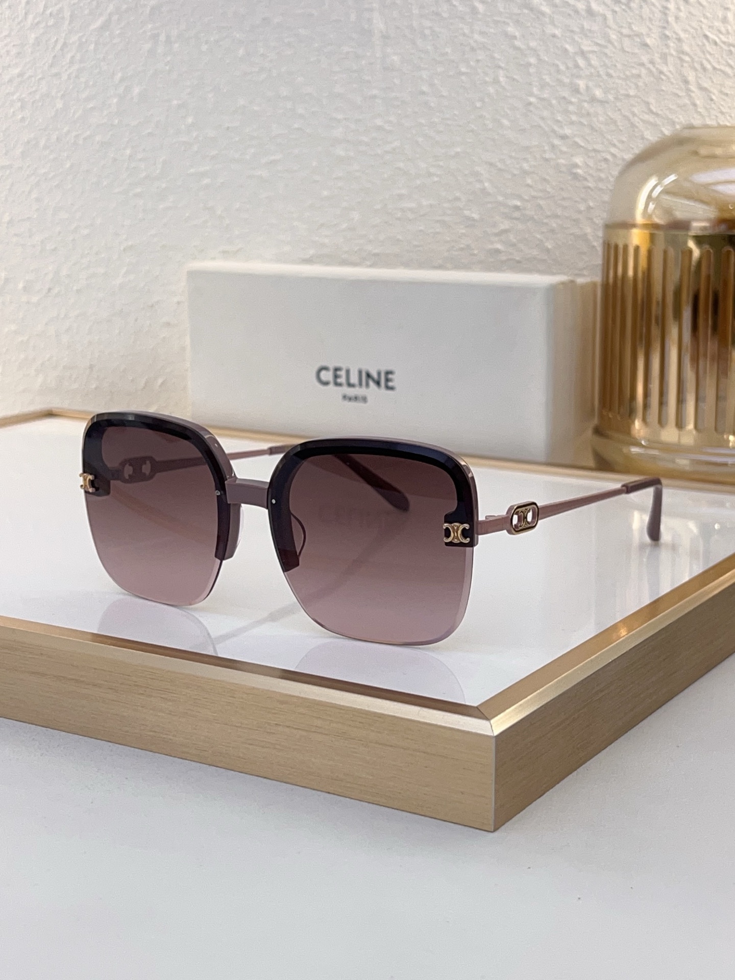 Celine Square Semi - Rimless Sunglasses with Gold Triomphe & Pink Accents (Model: CL4057)