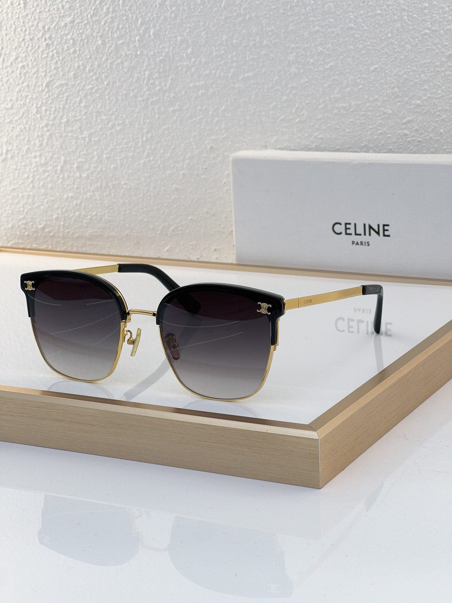 Celine Cat - Eye Semi - Rimless Sunglasses with Gold Triomphe Accents (Model: CL4056)