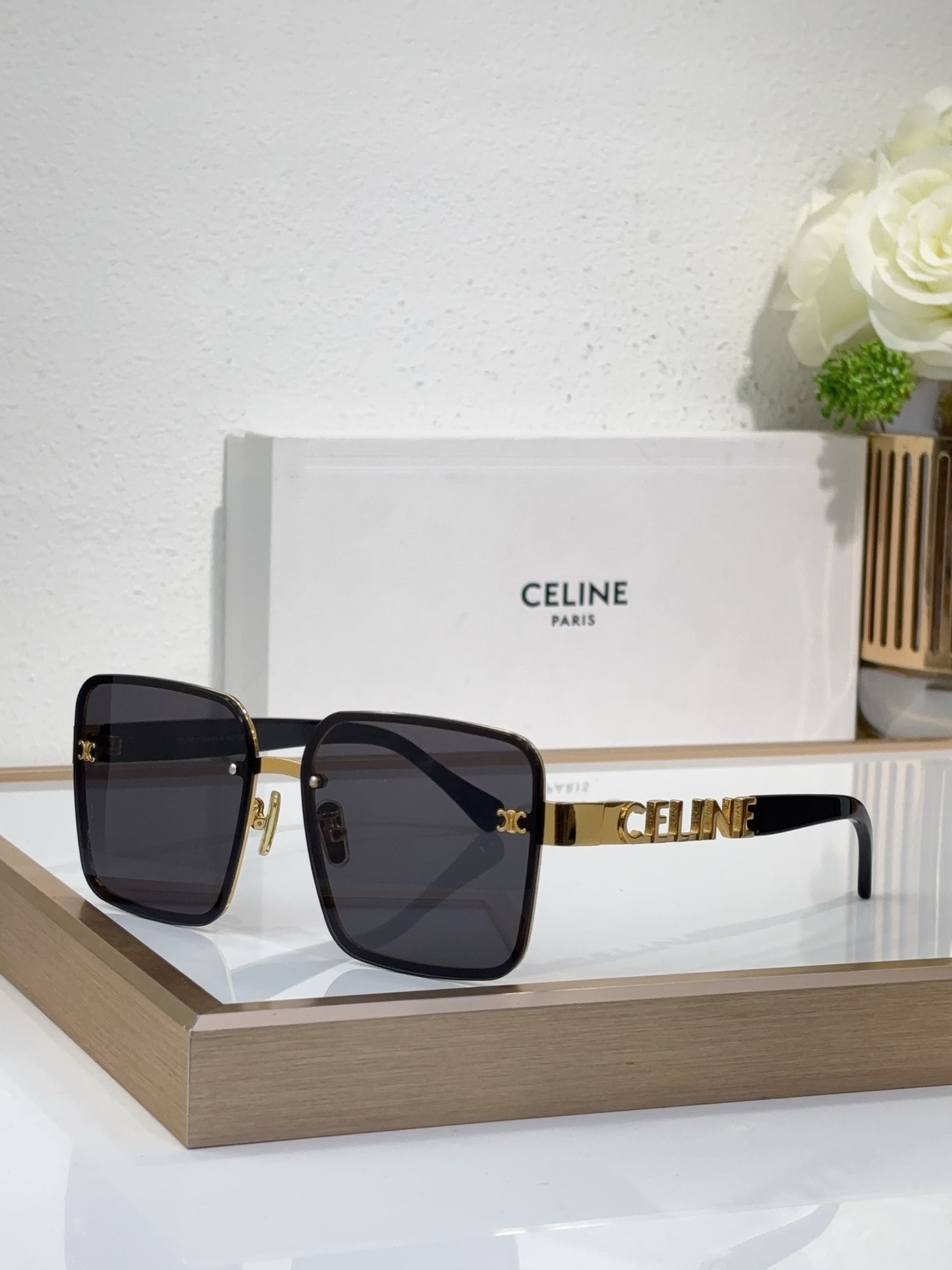 Celine Square Sunglasses with Gold Logo & Triomphe Accents (Model: CL4044)