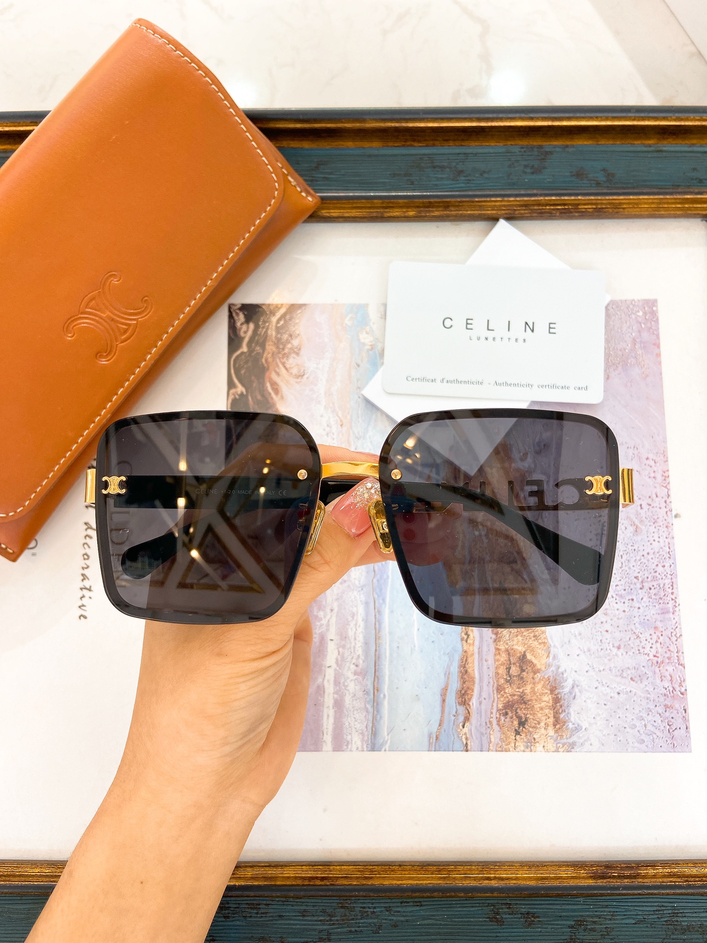 Celine Square Sunglasses with Gold Triomphe Accents (Model: CL4043)