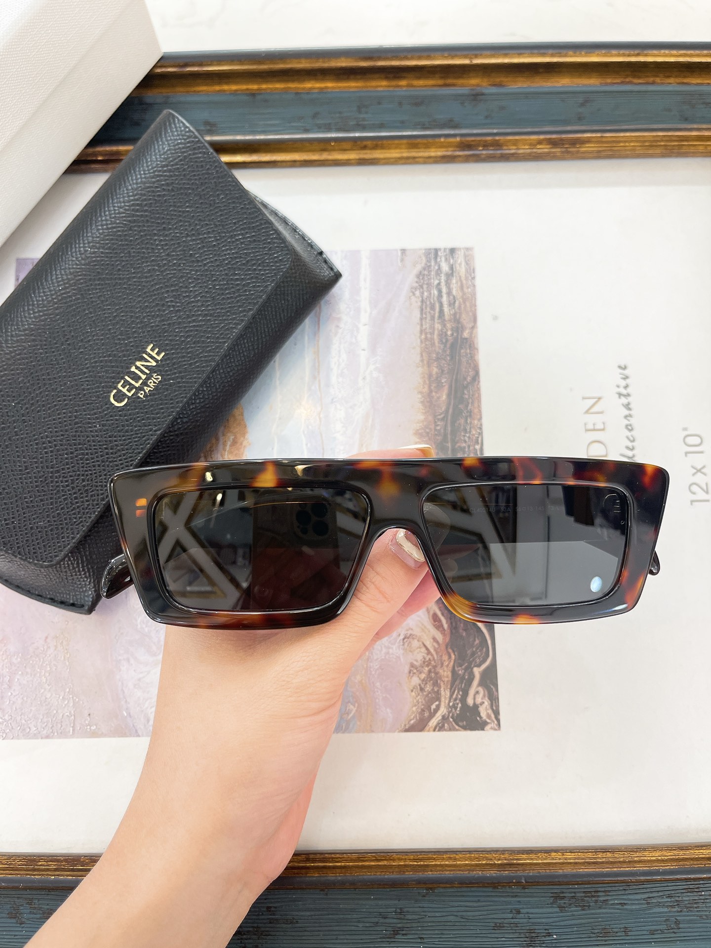 Celine Rectangular Tortoiseshell Acetate Sunglasses (Model: CL4042)