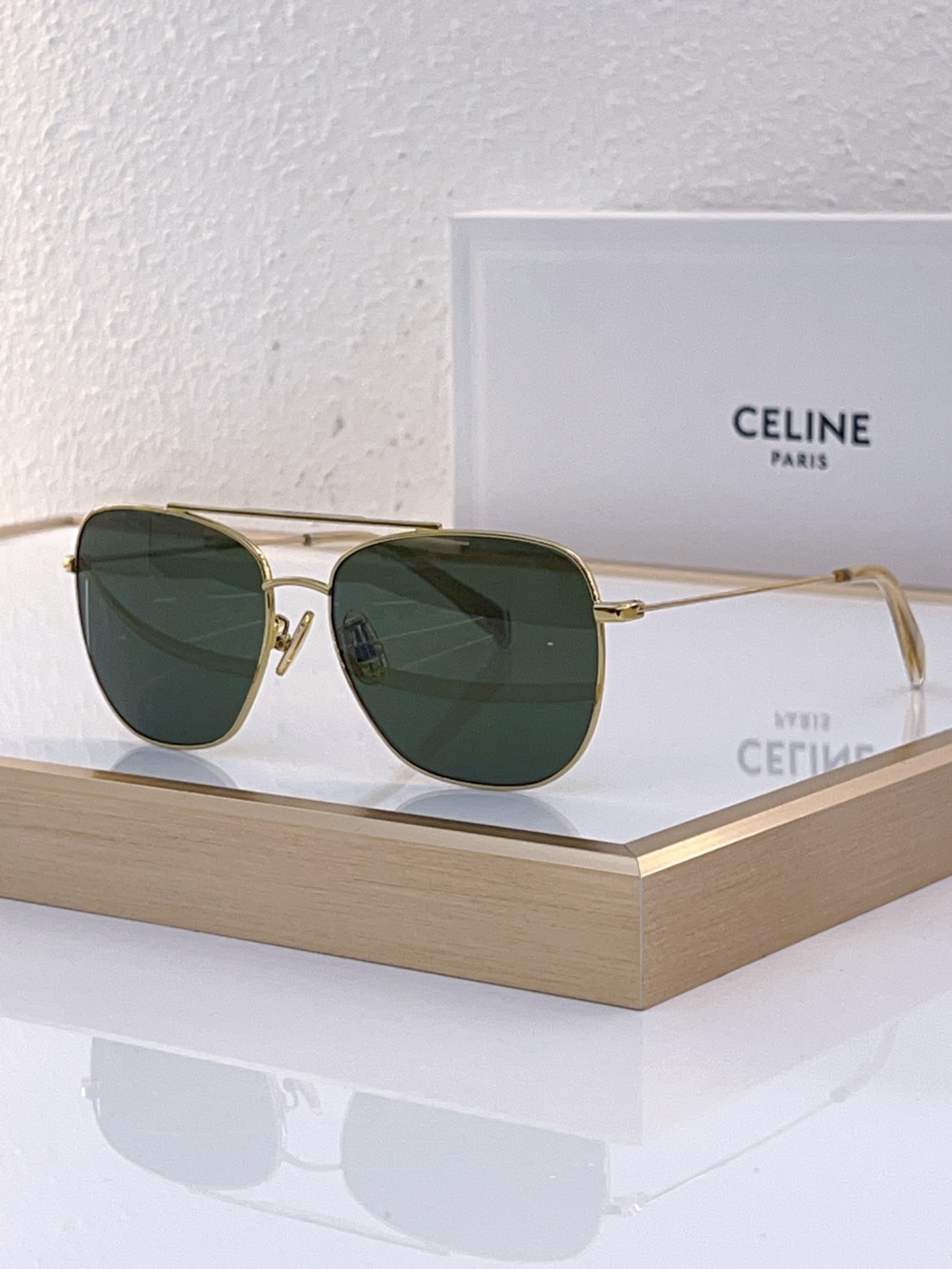 Celine Aviator Sunglasses with Gold - Plated Metal Frame & Green Lenses (Model: CL4037)
