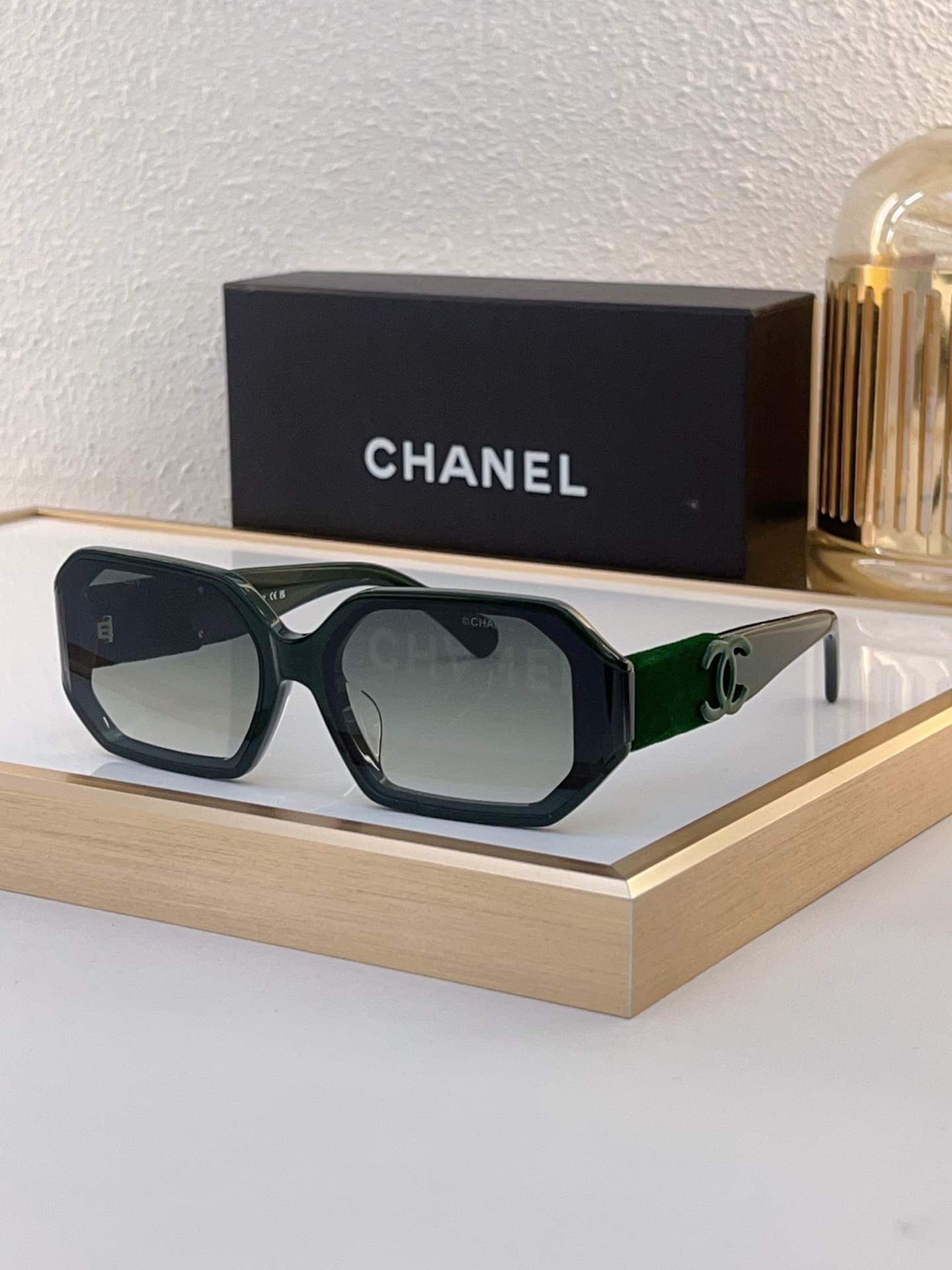 Chanel Octagonal Sunglasses with Dark Green Acetate & Green Velvet CC Accents (Model: CH5496)