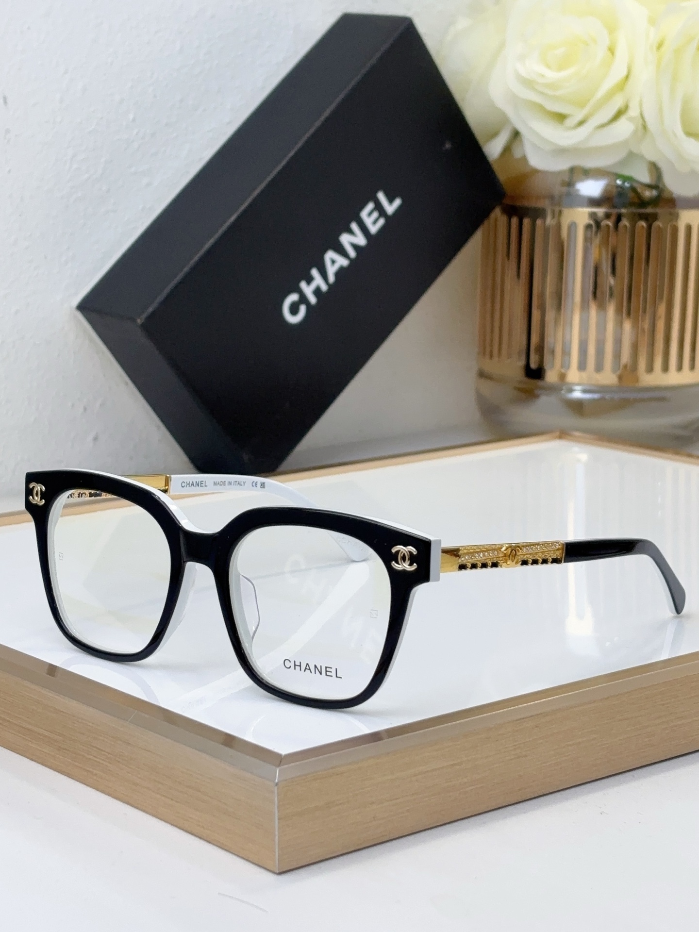Chanel Square Optical Frames with Gold Chain & CC Accents (Model: CH3412)