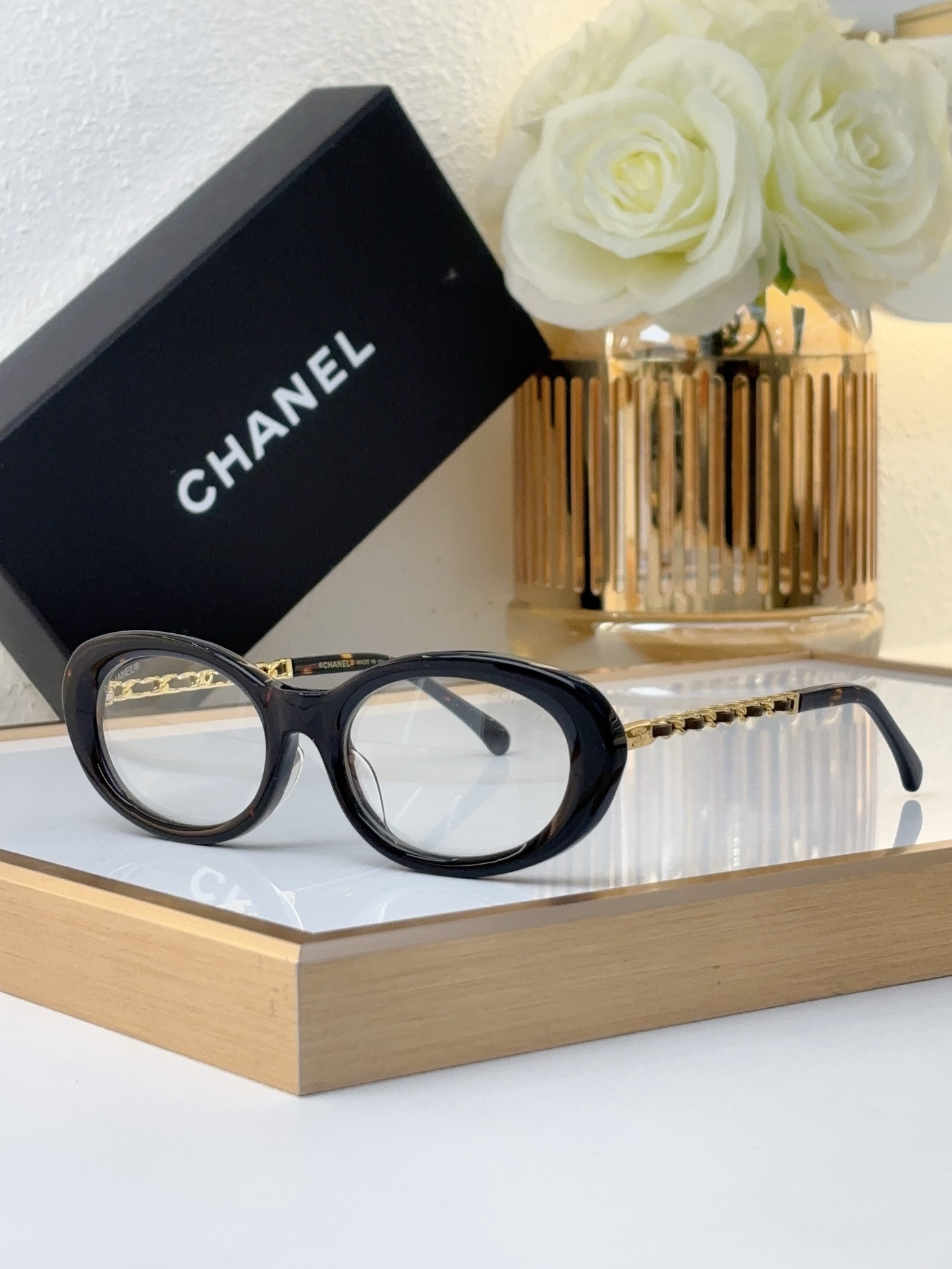 Chanel Oval Sunglasses with Gold Chain - Link Temples (Model: CH4282)