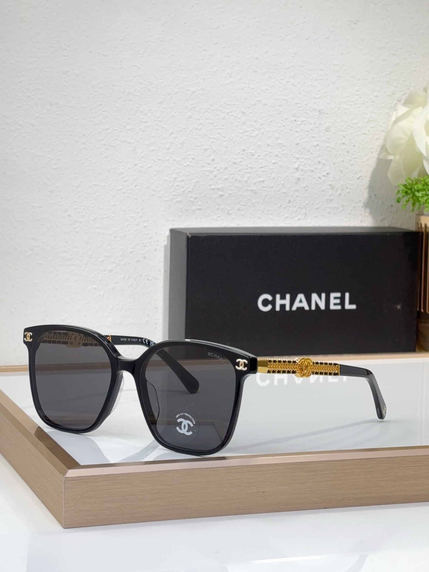 Chanel Square Sunglasses with Gold Chain & CC Motif (Model: CH5483)
