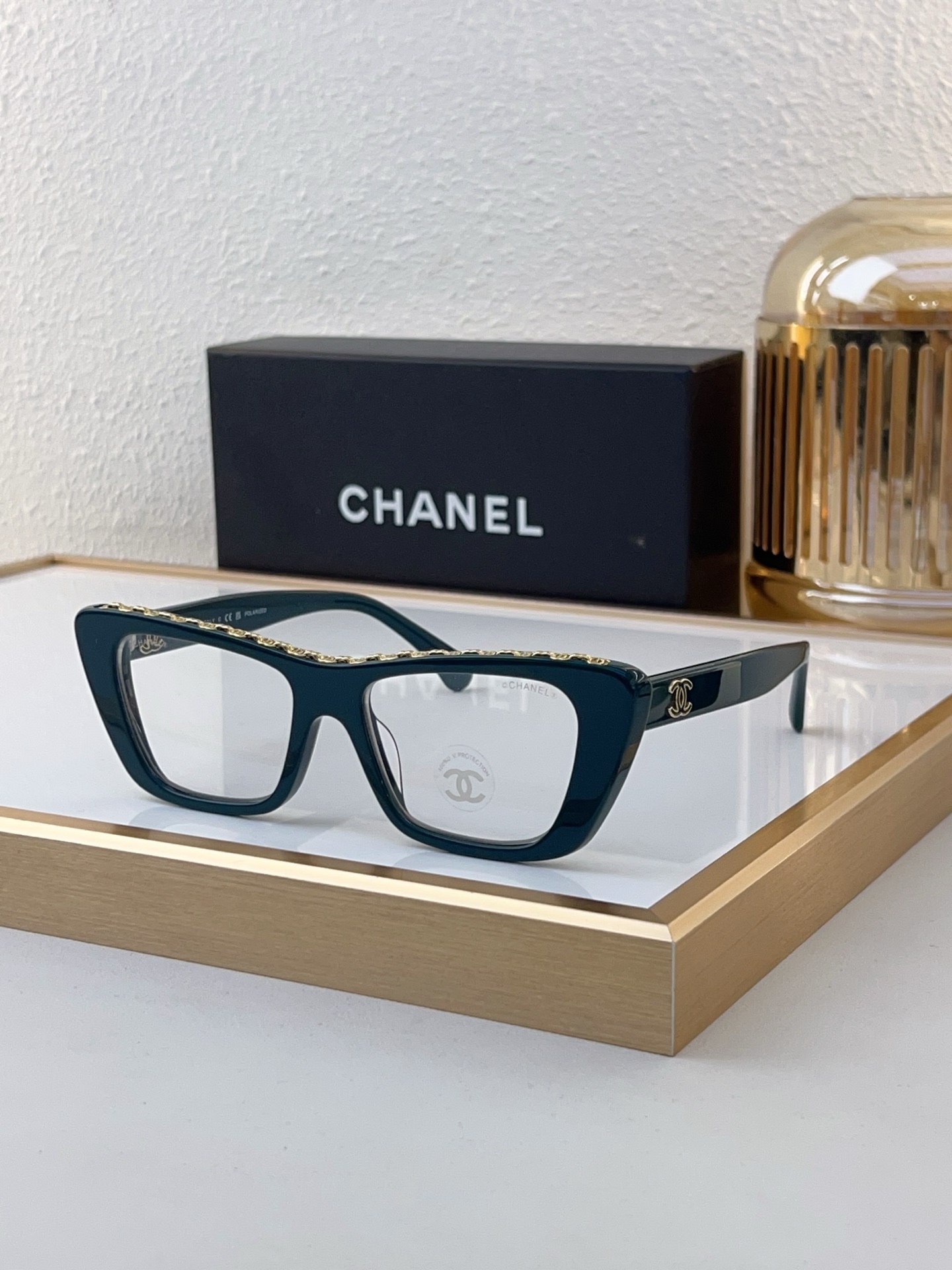 Chanel Dark Green Acetate Cat - Eye Optical Frames with Gold Chain Trim & CC Motif (Model: CH5642)