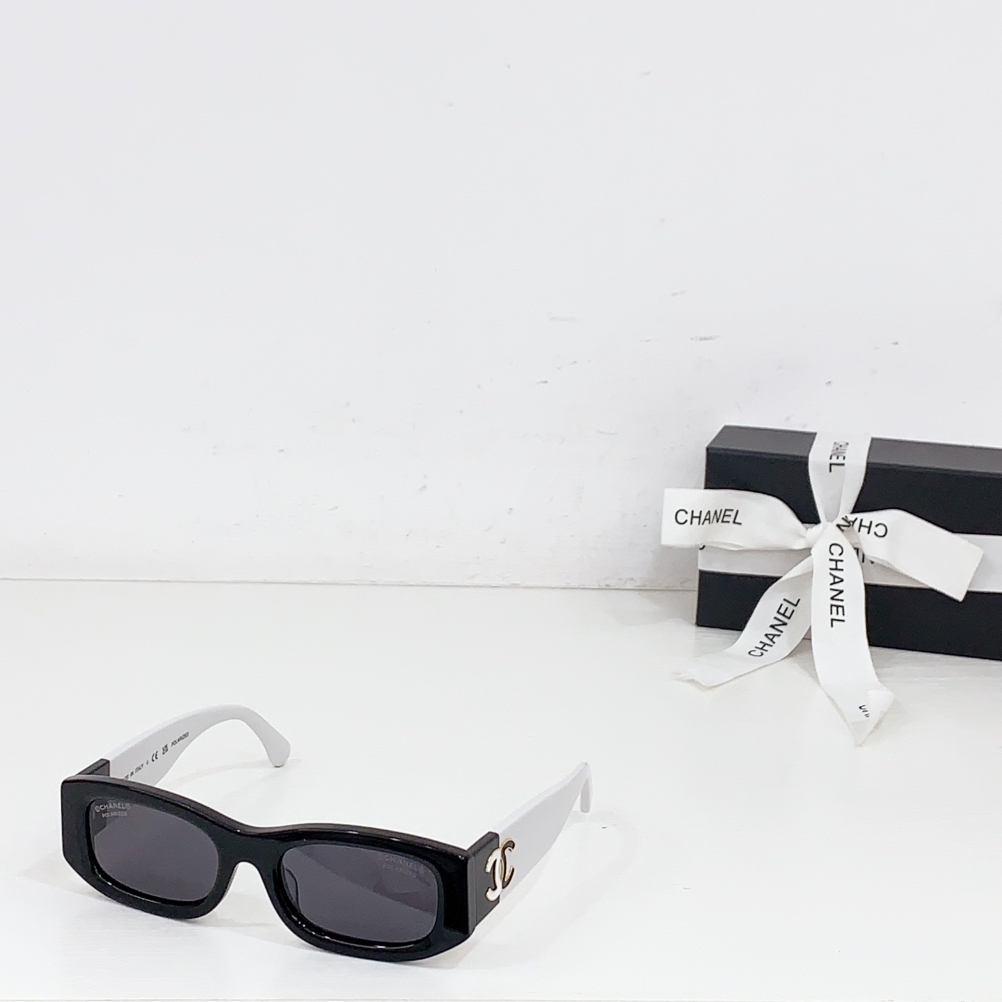 Chanel Black - White Acetate Rectangular Sunglasses with Gold CC Motif (Model: CH5625)