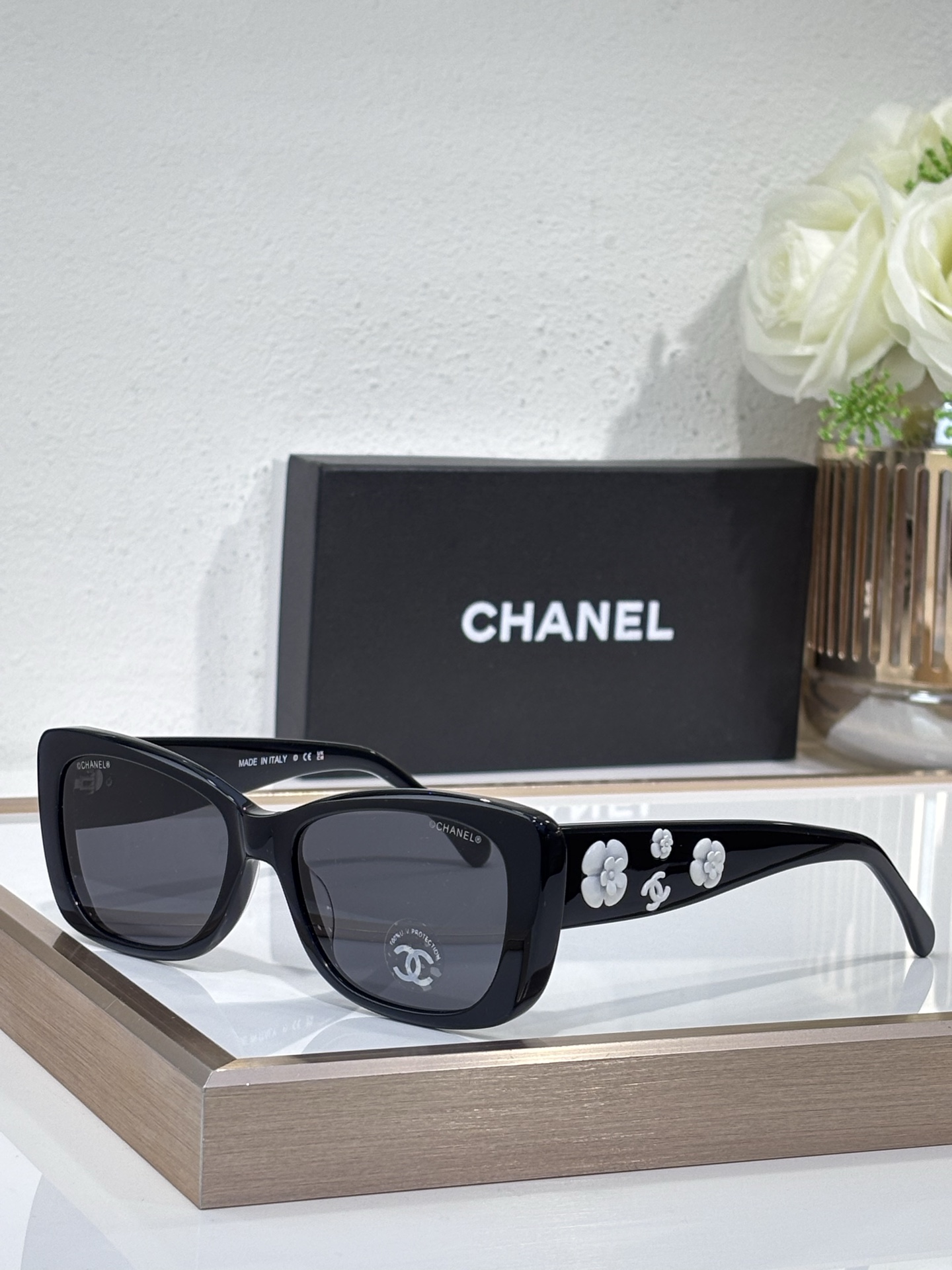 Chanel Black Acetate Square Sunglasses with White Camellia & CC Motifs (Model: CH5619)