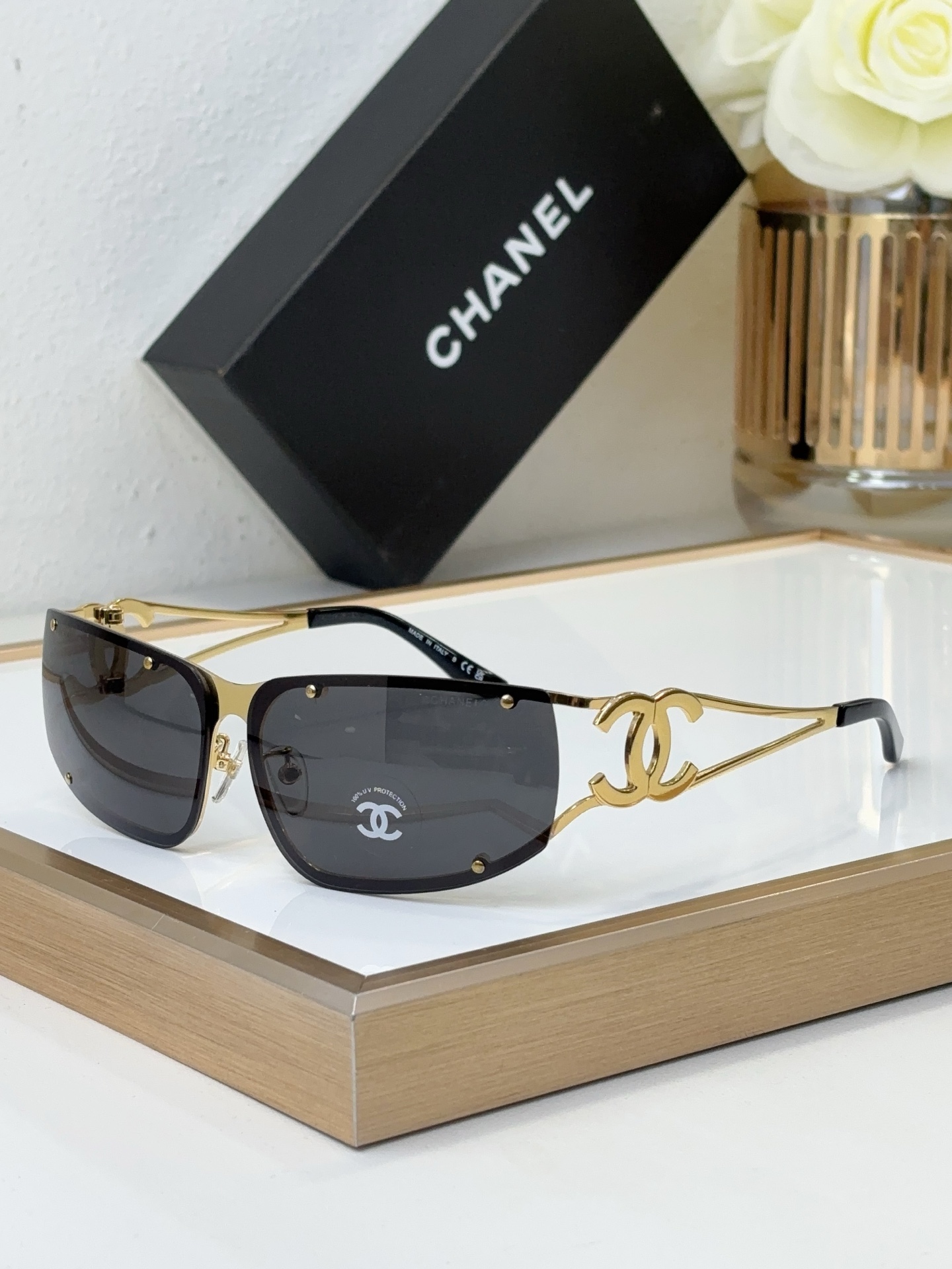 Chanel Gold - Tone Metal Rectangular Semi - Rimless Sunglasses with Oversized CC Motif (Model: CH4221)