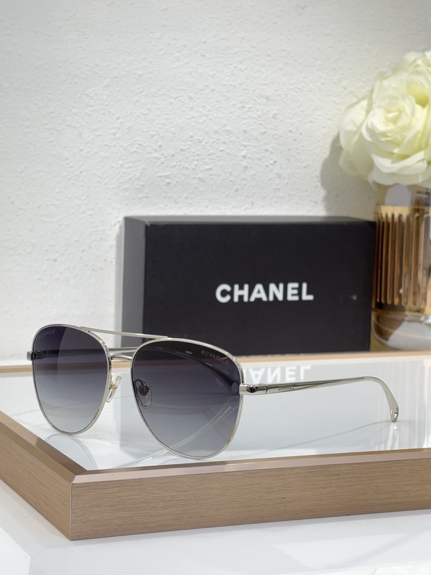 Chanel Silver - Tone Metal Aviator Sunglasses with Gradient Gray Lenses (Model: CH4213)