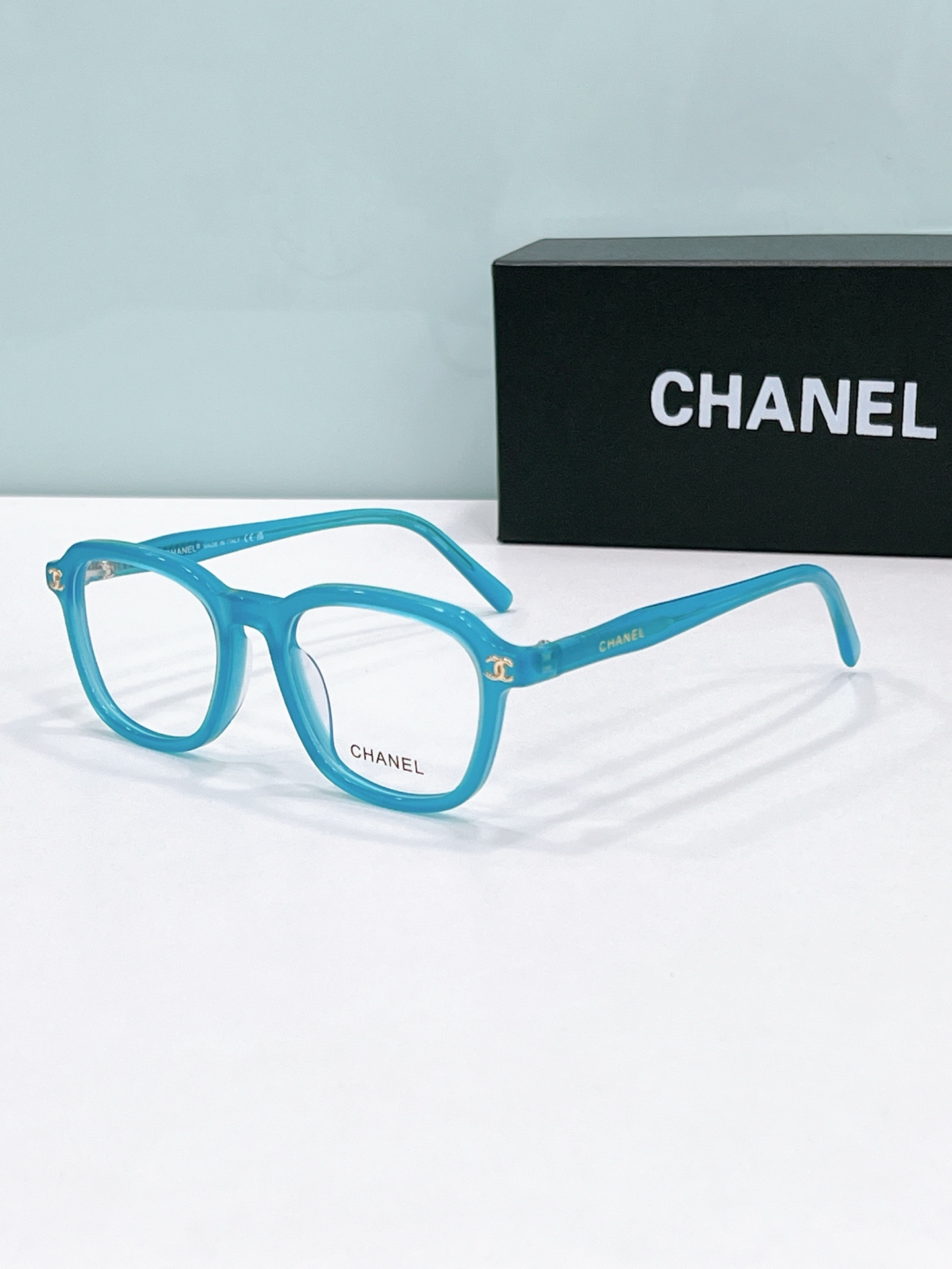 Chanel Light Blue Acetate Round Optical Glasses with Gold - Tone CC Motif (Model: CH3462)