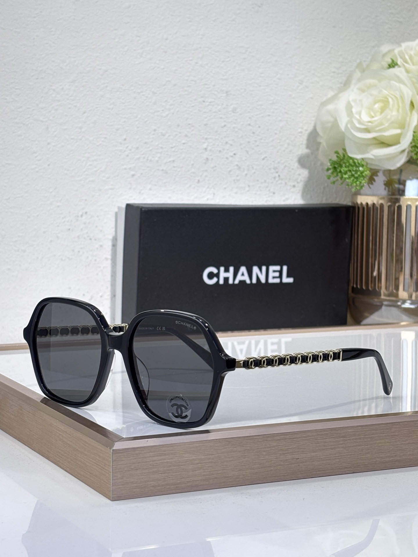 Chanel Black Acetate Square Sunglasses with Gold - Tone Chain Motif (Model: CH5616)