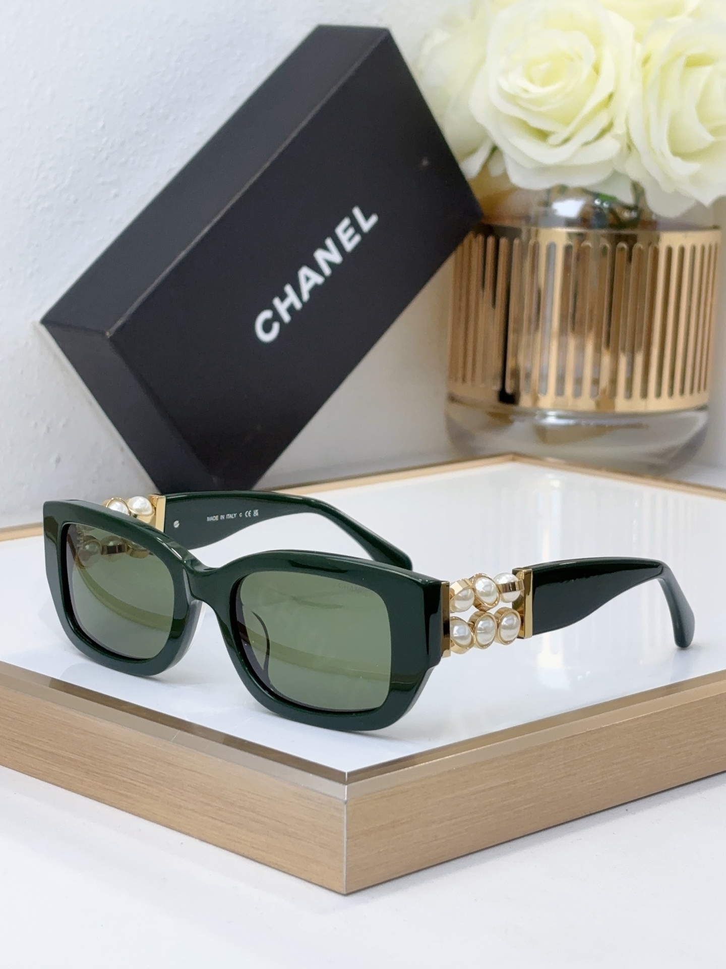 Chanel Beige Acetate Cat - Eye Sunglasses with Pearl & Gold - Tone Motif (Model: CH5615)