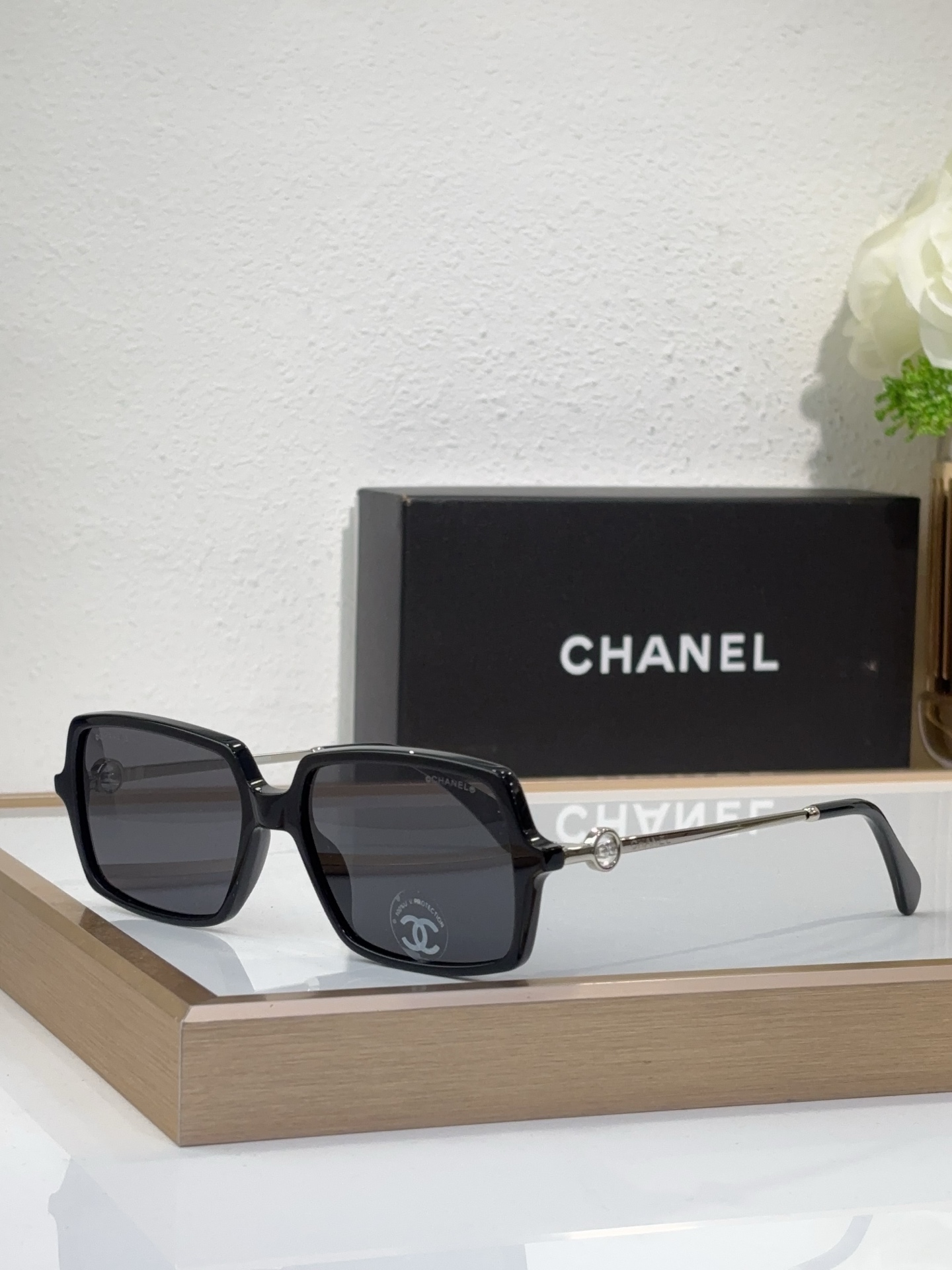 Chanel Black Acetate Square Sunglasses with Silver - Tone Circular Motif (Model: CH5612)