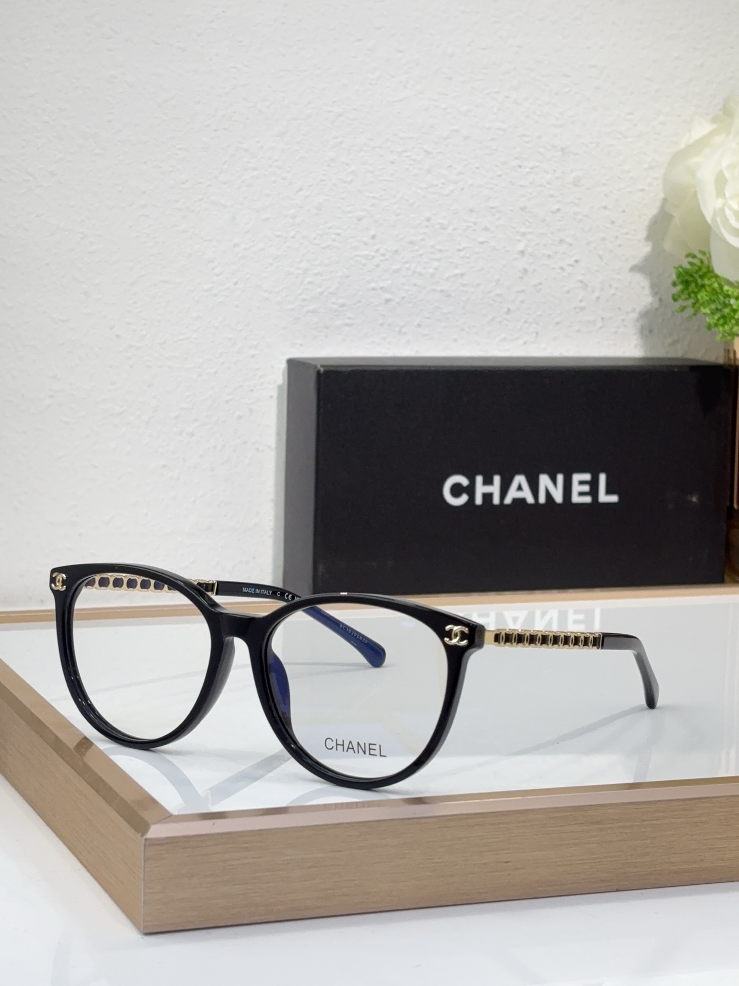 Chanel Black Acetate Round Optical Glasses with Gold - Chain & CC Motif (Model: CH0195)