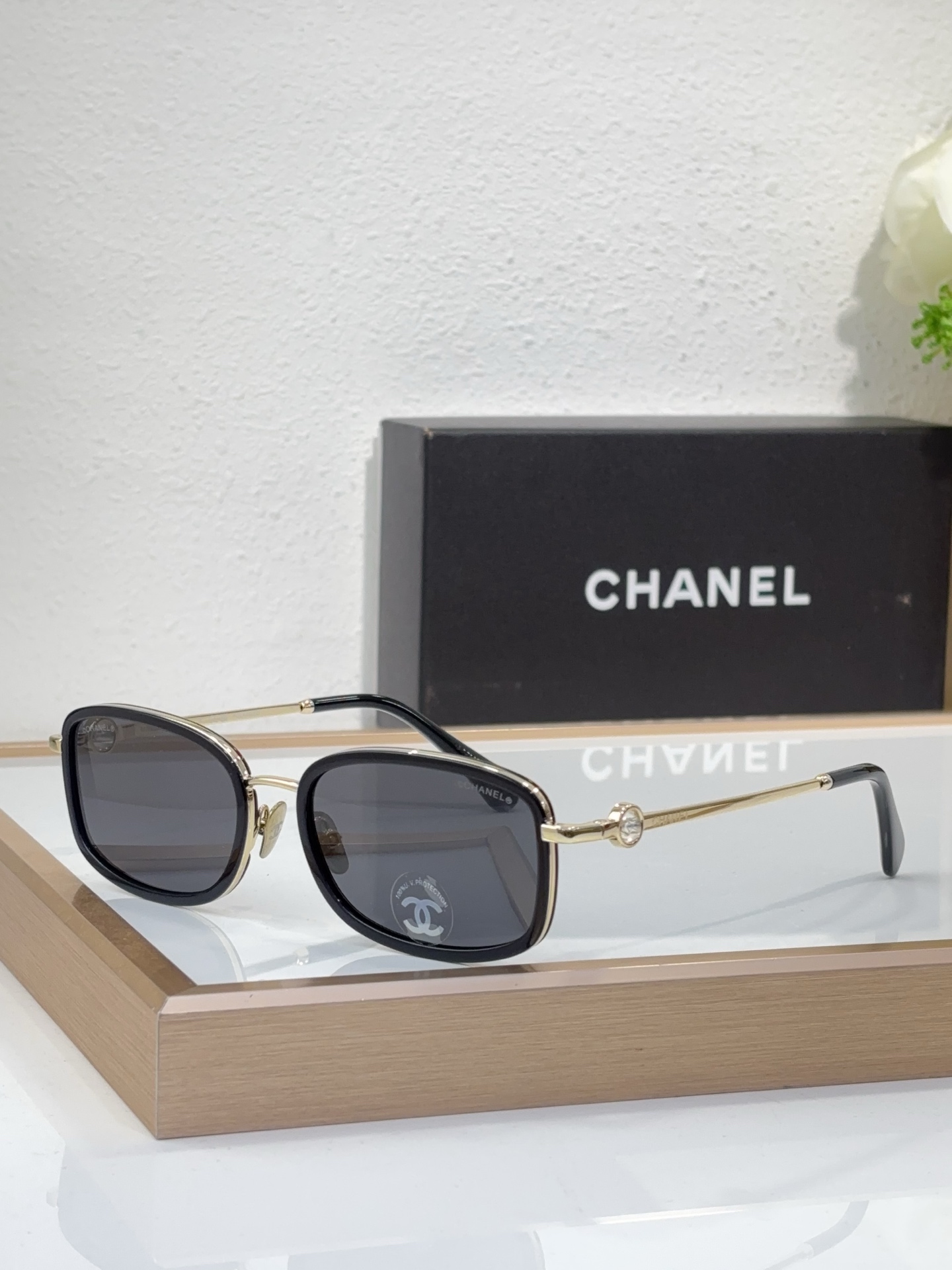 Chanel Square Metal - Acetate Sunglasses with Gold - Tone Circular Motif (Model: CH5608)
