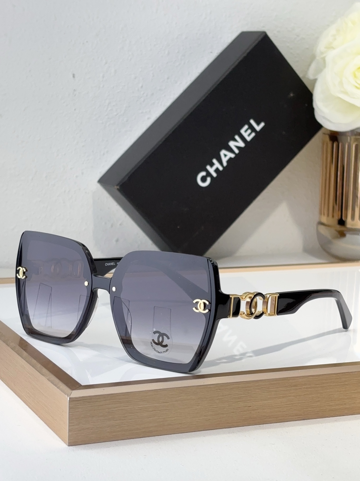 Chanel Pink Gradient Acetate Square Sunglasses with Gold - Tone CC & Chain - Link Motif (Model: CH5603)