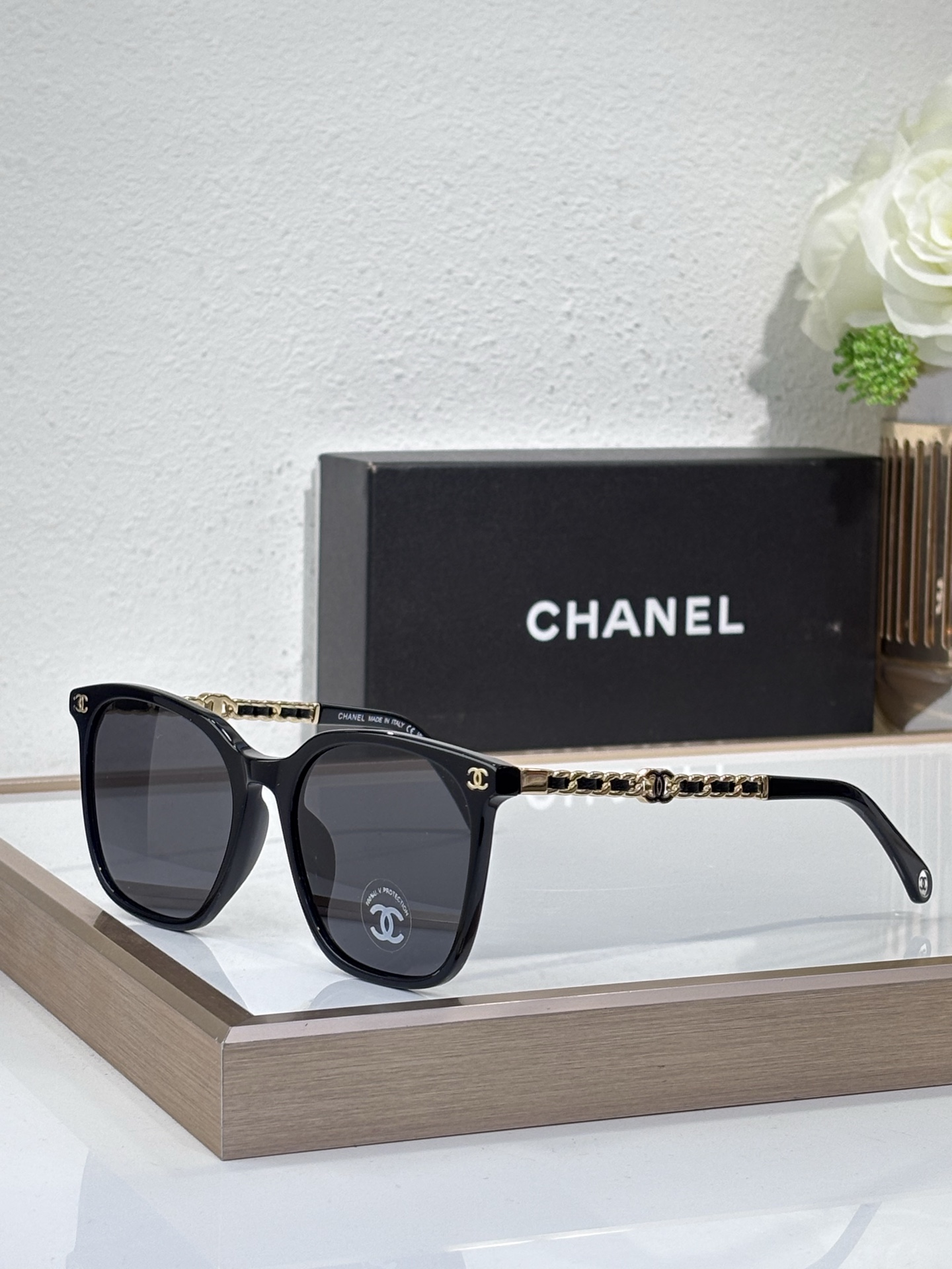 Chanel Black Acetate Square Sunglasses with Gold - Tone Chain & CC Motif (Model: CH5602)