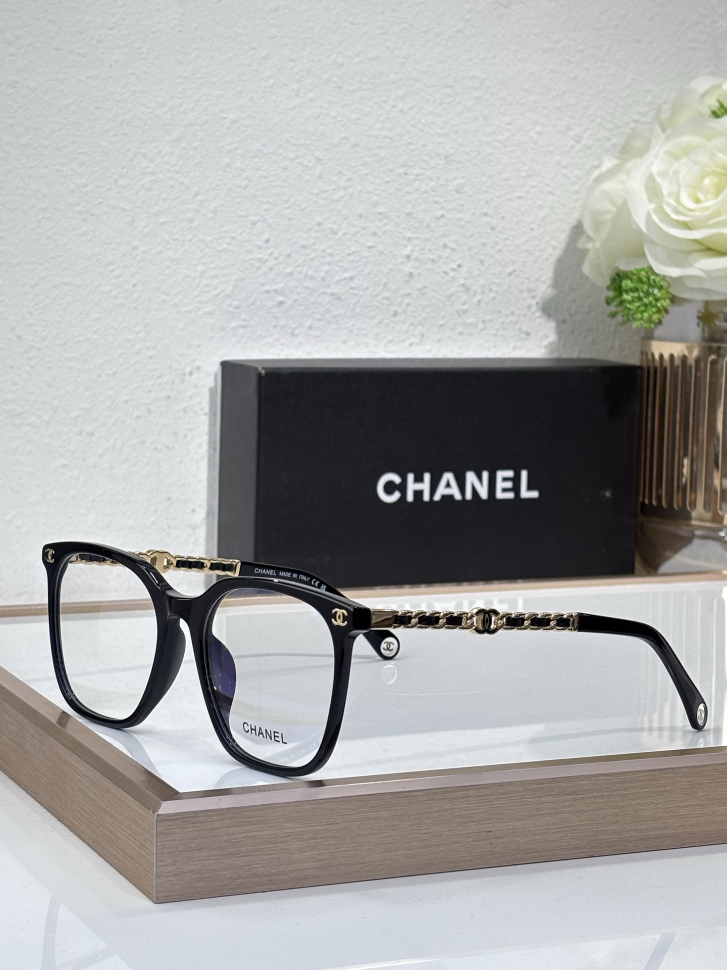 Chanel Black Acetate Square Optical Glasses with Gold - Tone Chain & CC Motif (Model: CH5601)