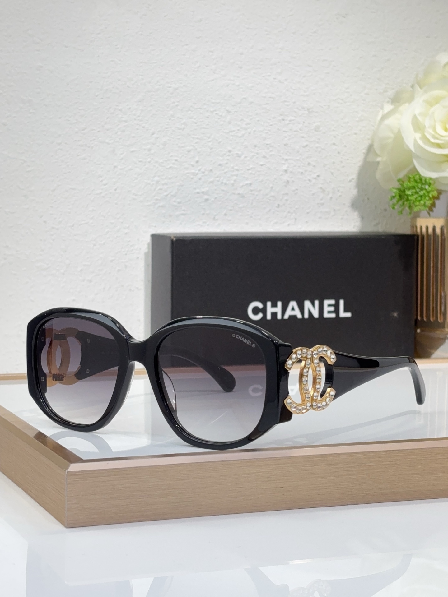Chanel Black Acetate Oversized Sunglasses with Crystal - Encrusted Gold - Tone CC Motif (Model: CH5594)