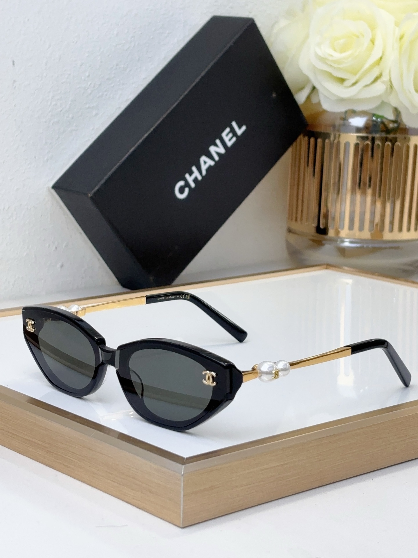 Chanel Black Acetate Cat - Eye Sunglasses with Pearl & Gold - Tone CC Motif (Model: CH5588)