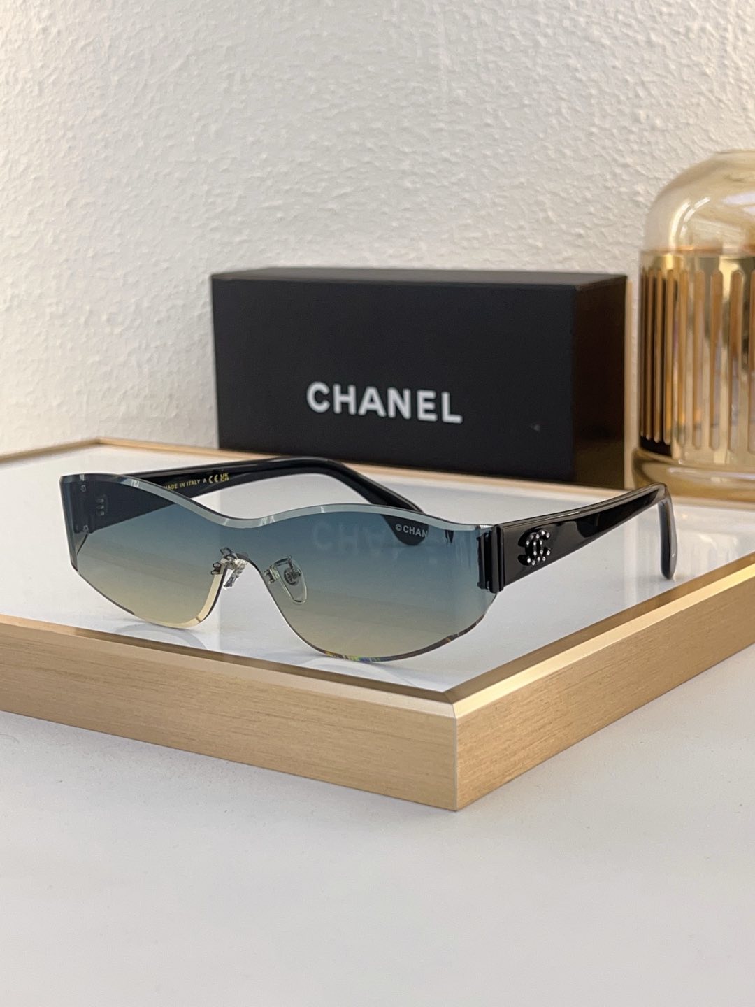 Chanel Red Shield - Shaped Sunglasses with Crystal - Encrusted CC Motif (Model: CH5580)