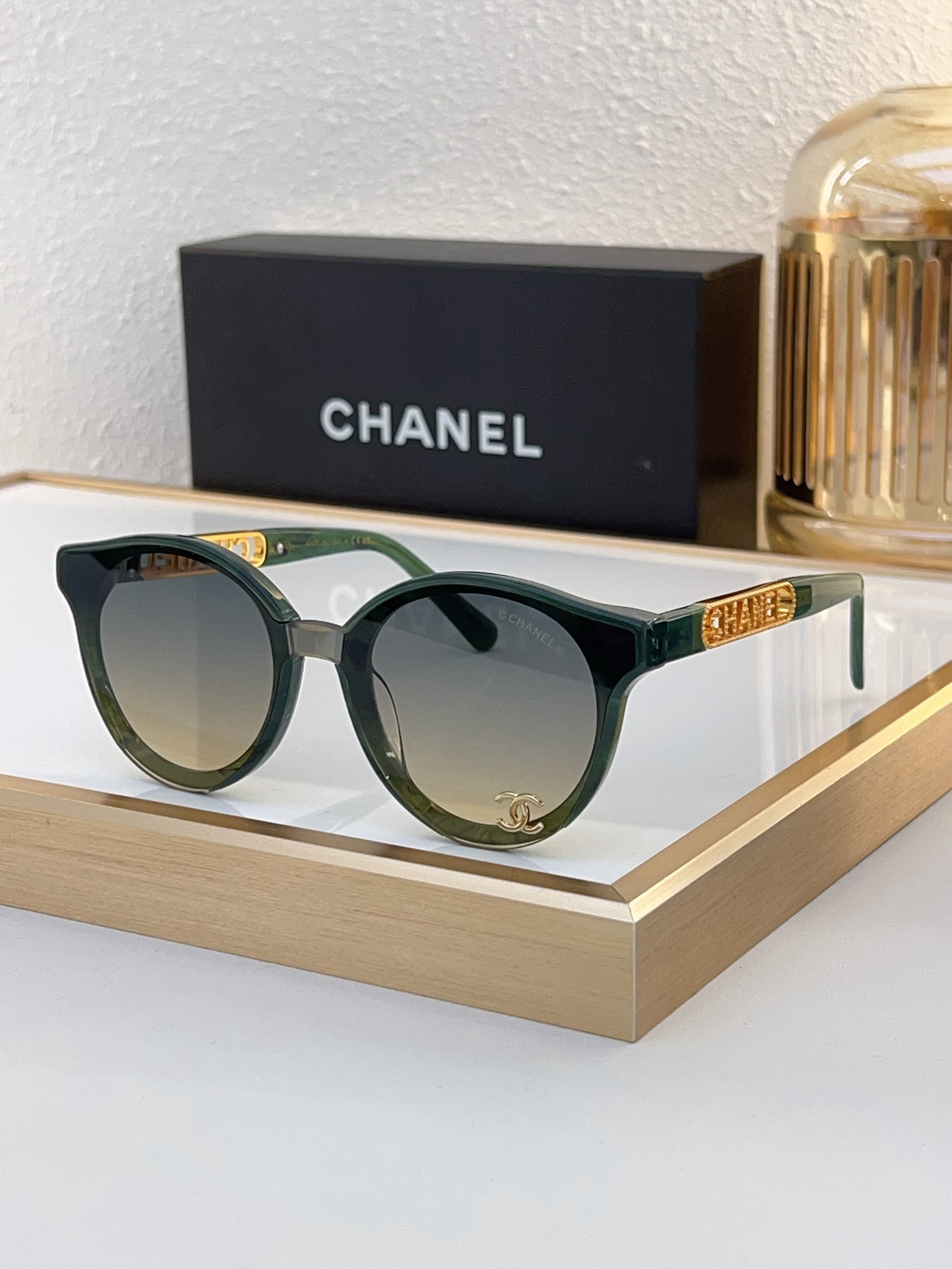 Chanel Dark Green Acetate Round Sunglasses with Gold - Tone CC & "CHANEL" Motif (Model: CH5578)
