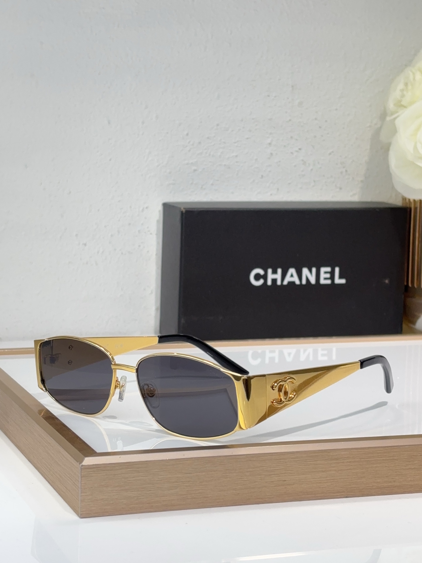 Chanel Gold - Tone Metal Oval Sunglasses with CC Motif & Tortoiseshell Temples (Model: CH5566)