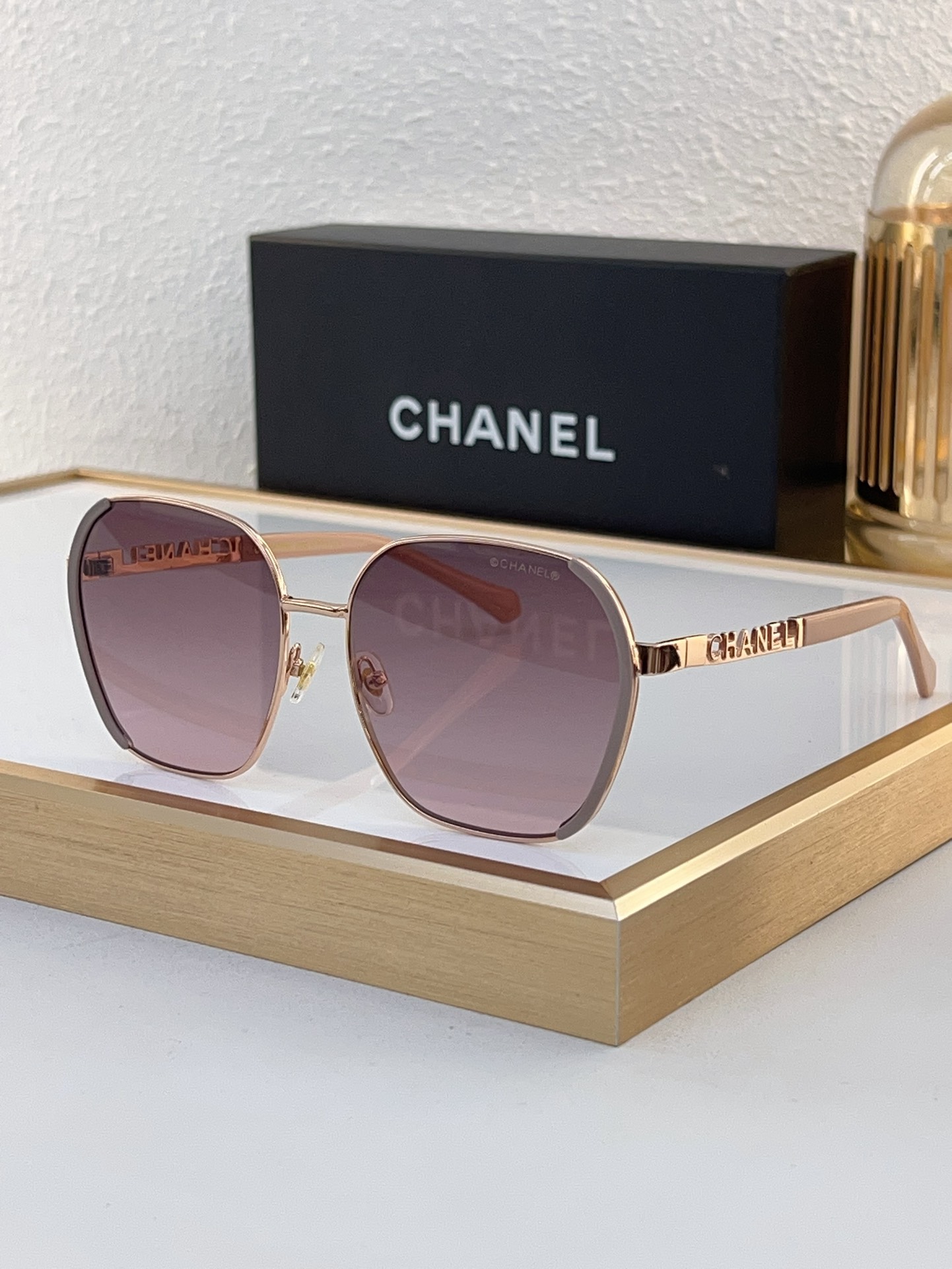 Chanel Rose - Gold Metal Hexagonal Sunglasses with Engraved "CHANEL" Temples (Model: CH5565)