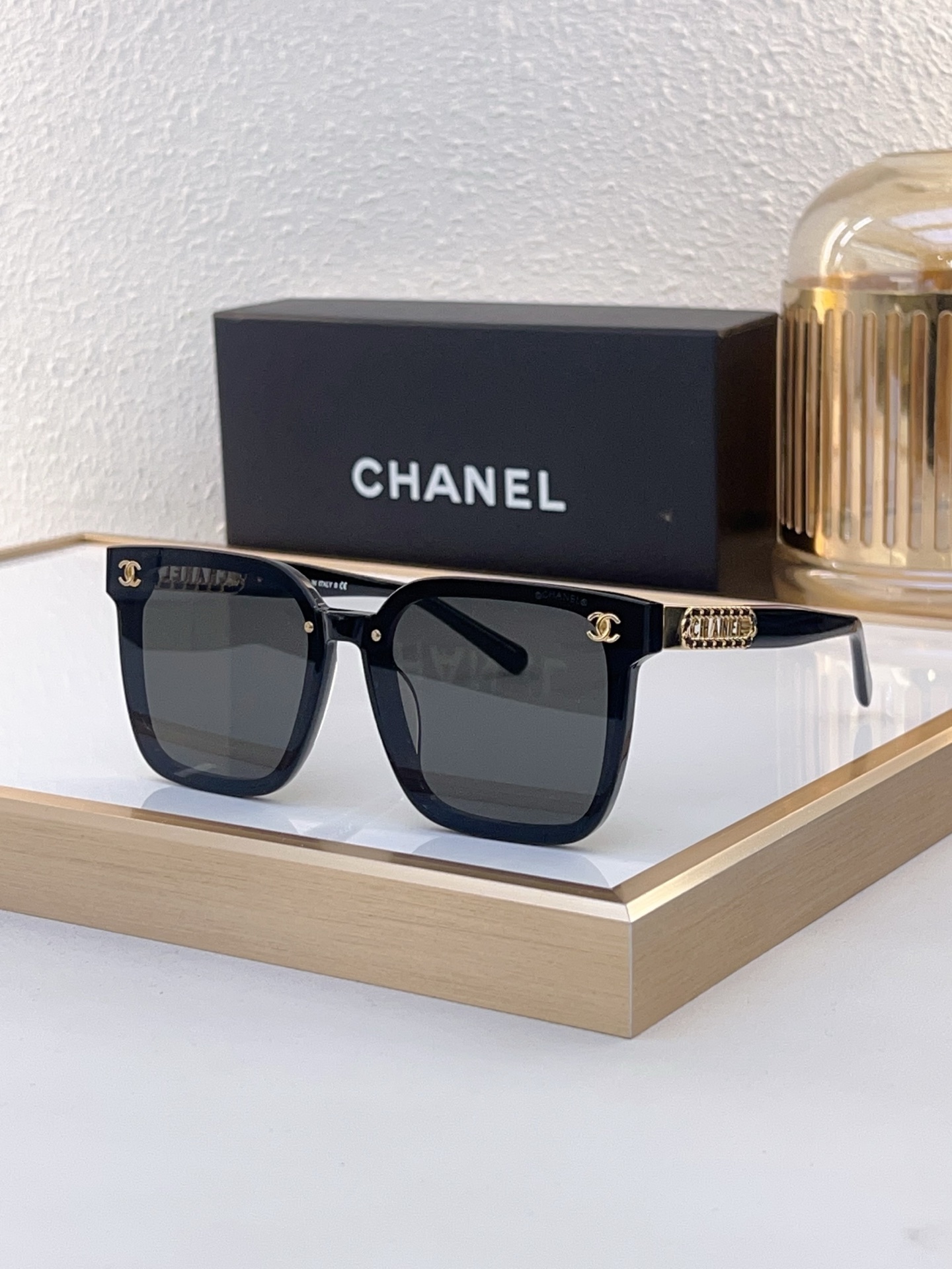 Chanel Black Acetate Square Sunglasses with Gold - Chain & CC Motif (Model: CH5560)
