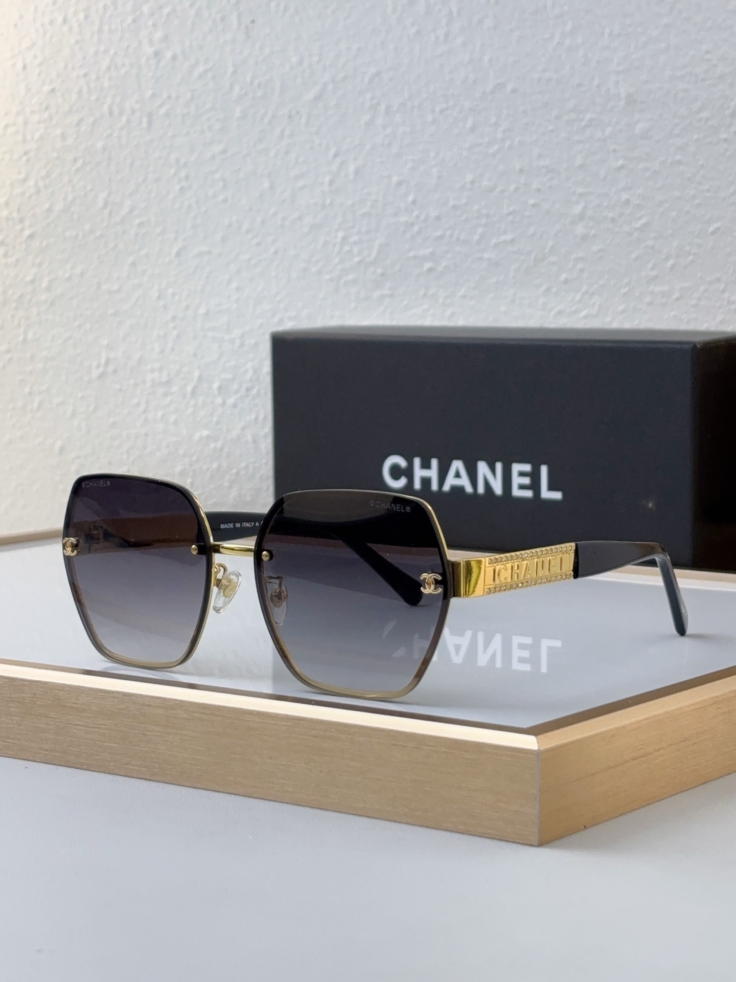 Chanel Square Sunglasses with Gold - Tone Accents, Gradient Lenses & CC Motif (Model: CH5546)