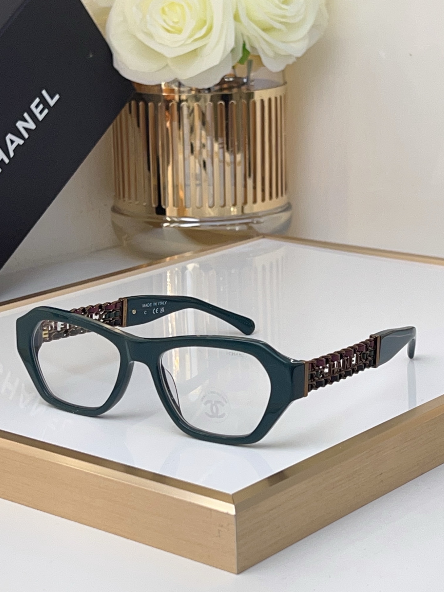 Chanel Dark Green Acetate Polygonal Optical Frames with Gold - Tone Chain & Burgundy Accents (Model: CH3526)