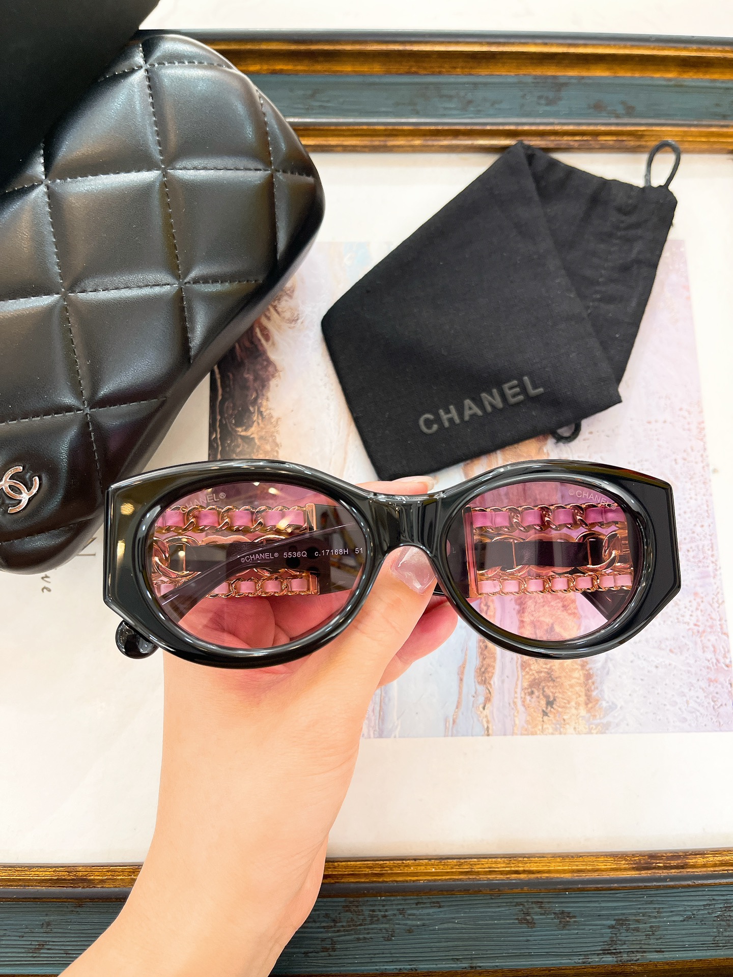Chanel Amber - Tinted Acetate Oval Sunglasses with Gold Chain, Red Accents & CC Motifs (Model: CH5534)