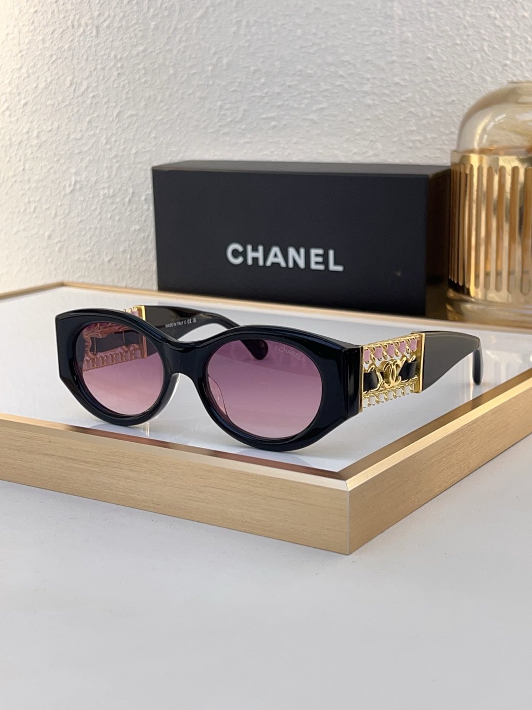 Chanel Black Acetate Cat - Eye Sunglasses with Gold Chain, Pink Accents & CC Motifs (Model: CH5532)