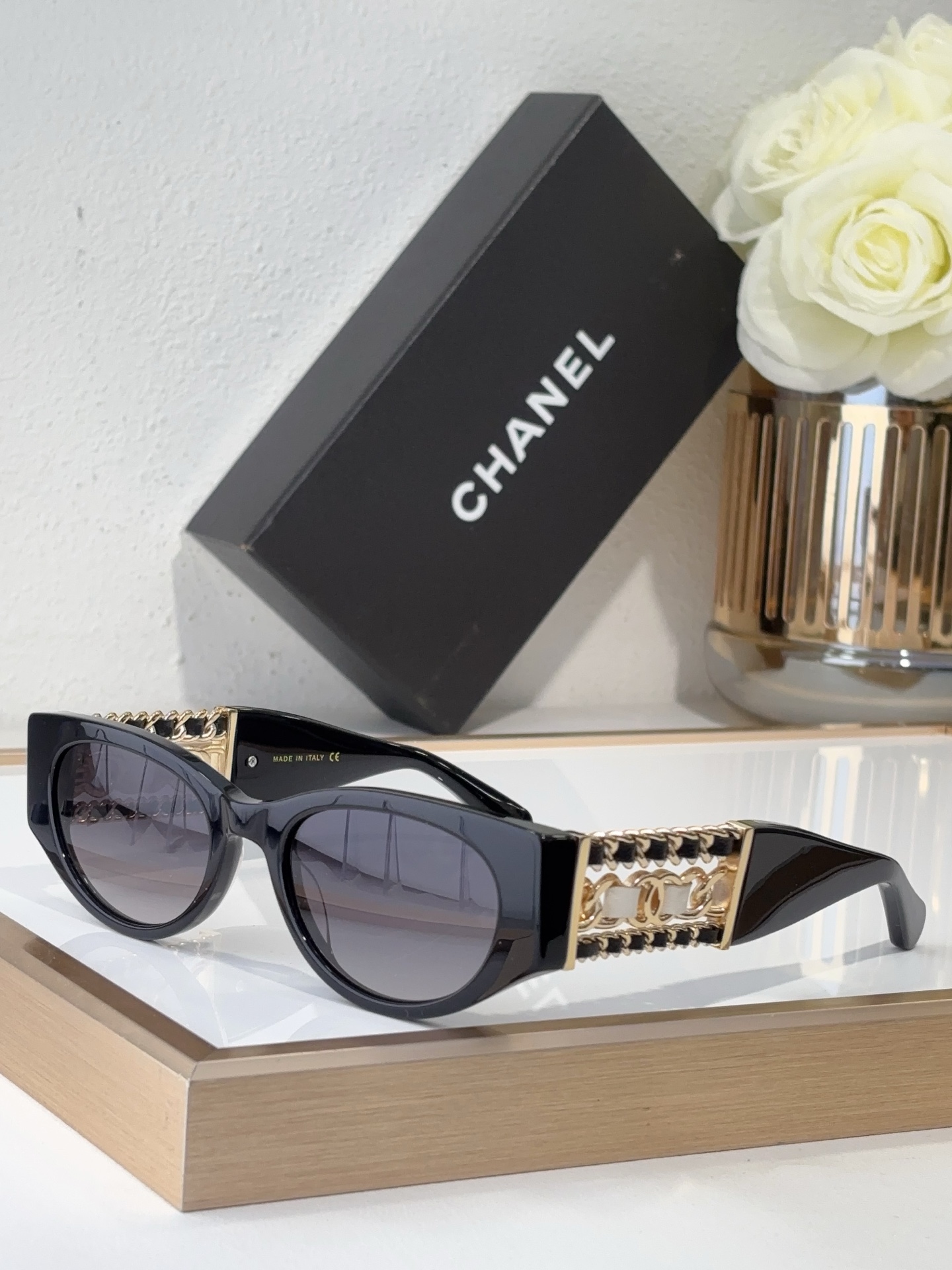 Chanel Black & Tortoiseshell Acetate Cat - Eye Sunglasses with Gold Chain, Red Accents & CC Motifs (Model: CH5531)
