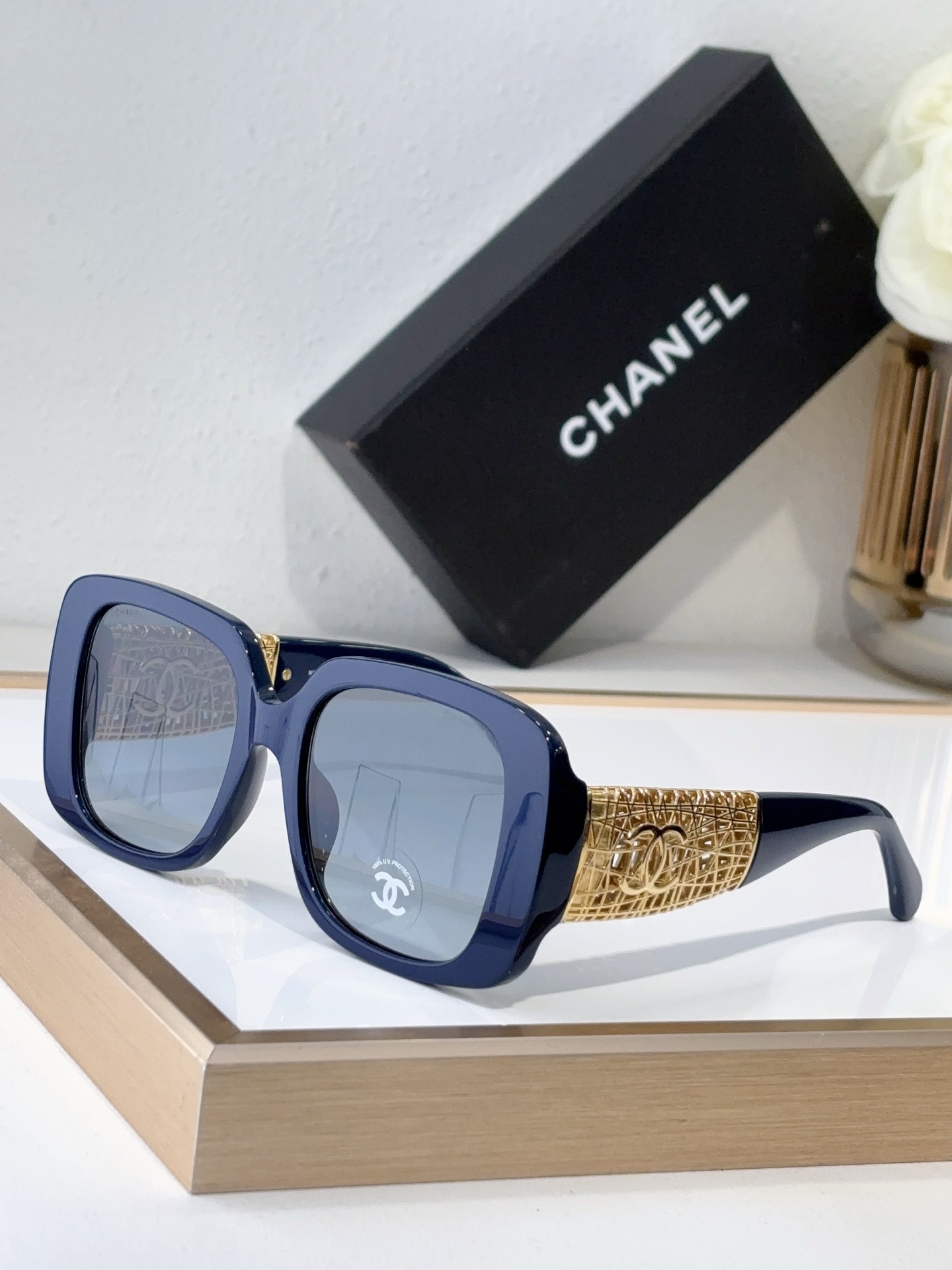 Chanel Dark Brown Acetate Square Sunglasses with Gold Filigree & CC Accents (Model: CH5528)